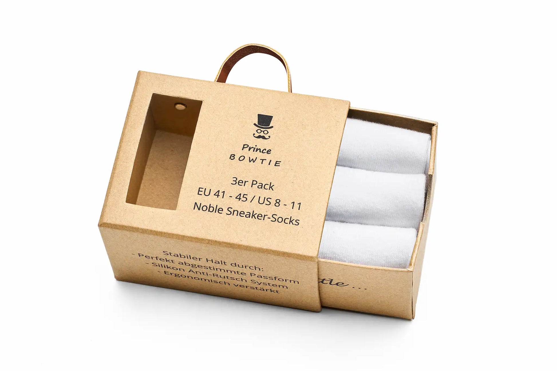 (Weiß) Sneaker Socken 3er Pack – geöffnete Verpackung mit Anti-Rutsch Hinweis