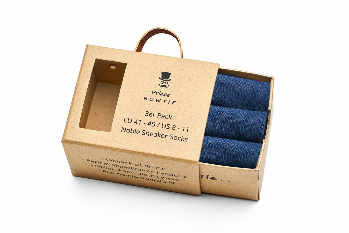 (Dunkelblau) Sneaker Socken 3er Pack – geöffnete Verpackung mit Anti-Rutsch Hinweis
