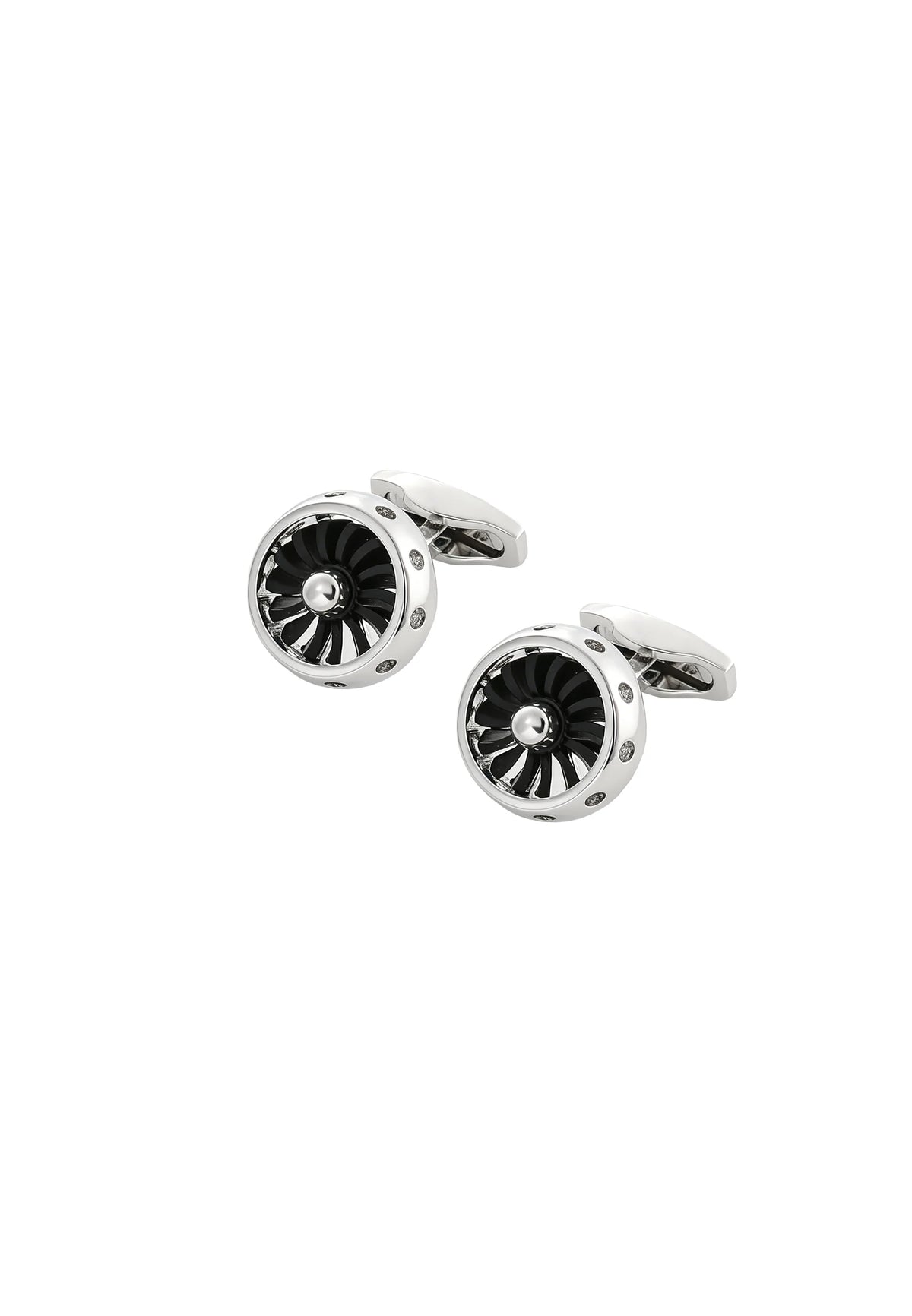 (Silber Schwarz) Manschettenknöpfe Herren Turbine – runde Turbinenform in Schwarz und Silber mit Kristallen im Rand