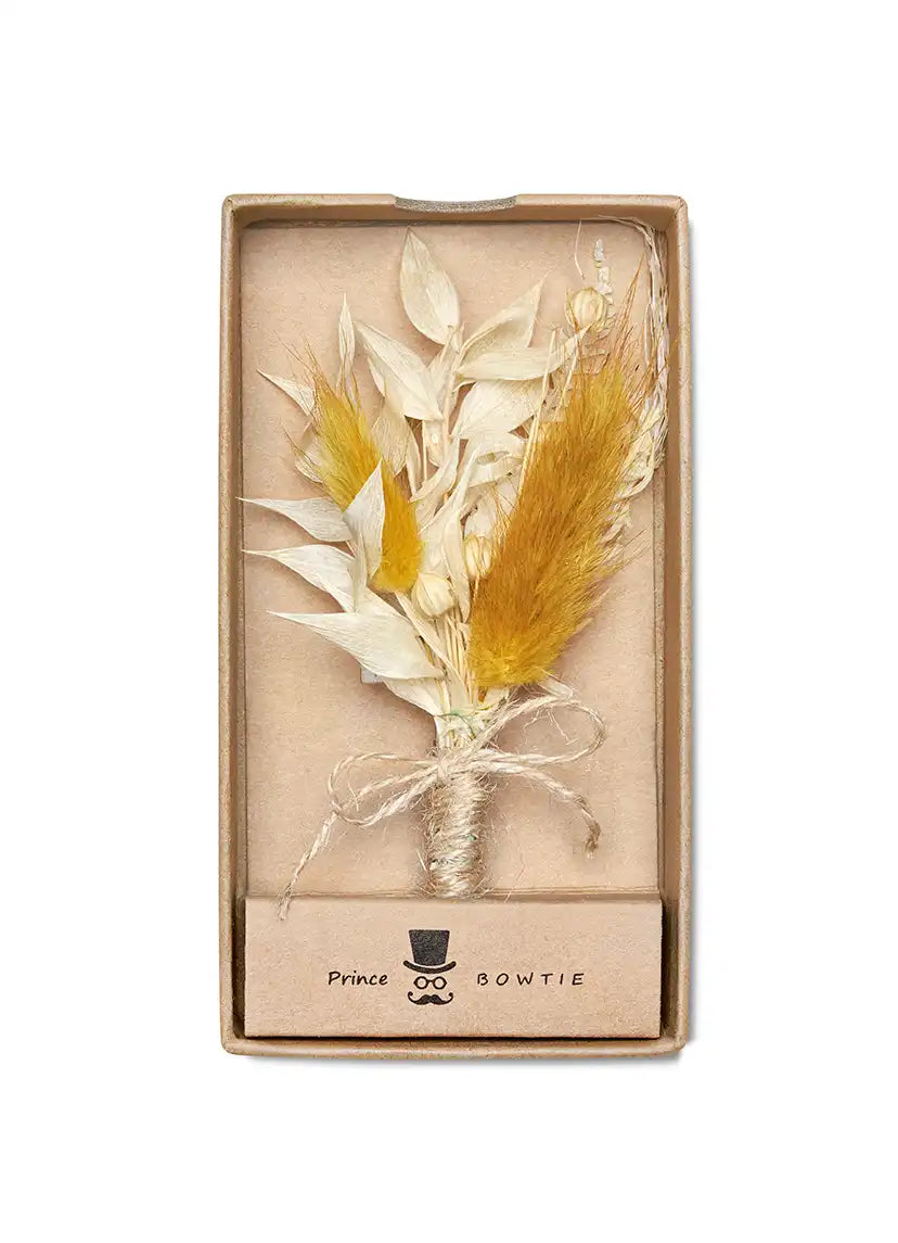 (Gelb) Hochzeitsanstecker Trockenblumen in Geschenkbox – Boutonniere Bräutigam Prince Bowtie