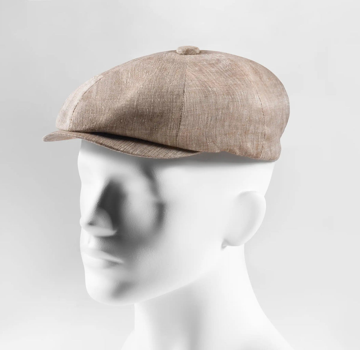 (Beige) Ballonmütze Herren Leinen – Newsboy Cap seitliche Ansicht auf Mannequin