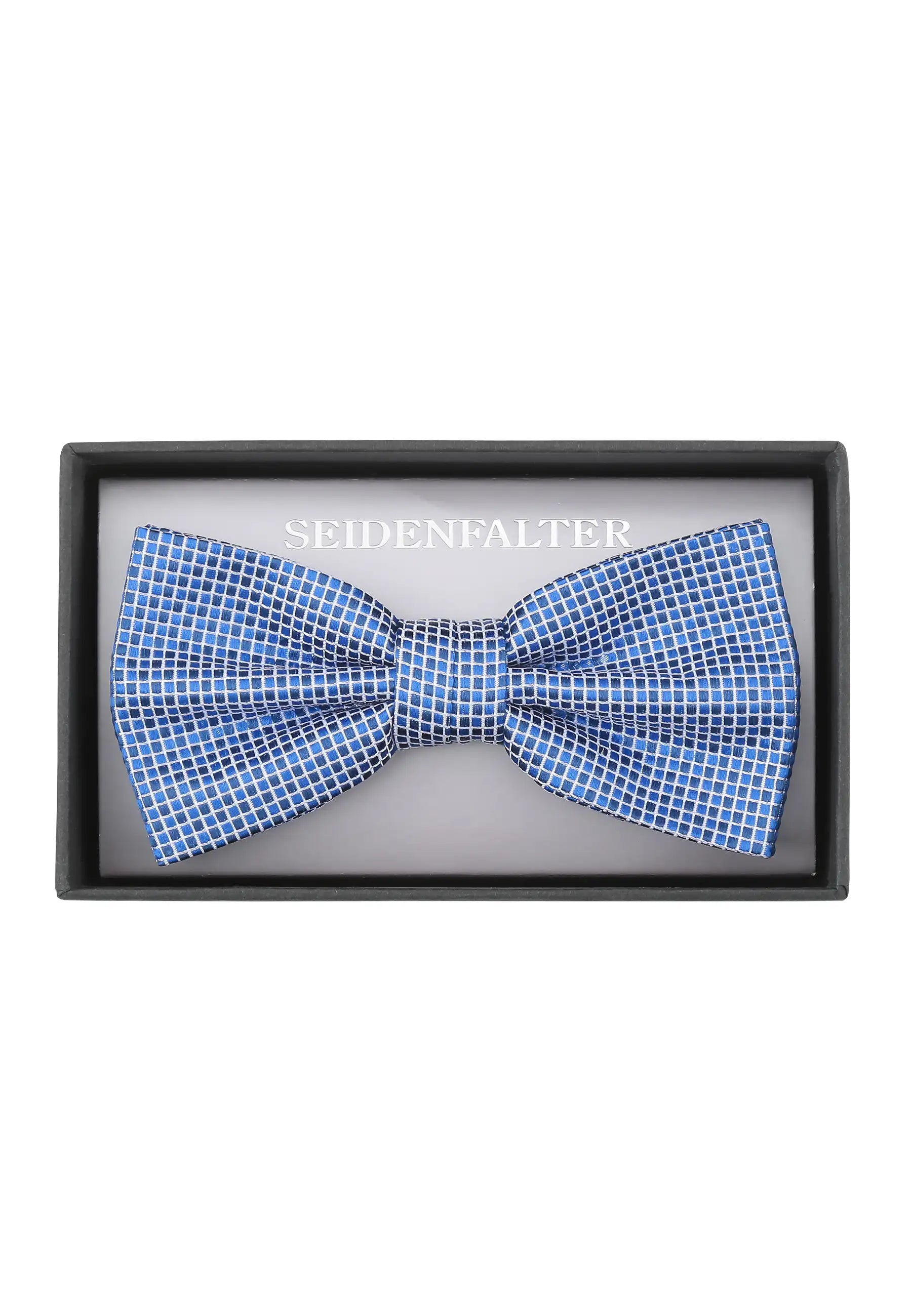 (Blau) Herrenfliege aus 100% Seide in Blau mit feinem Kachelmuster, in Geschenkbox fotografiert