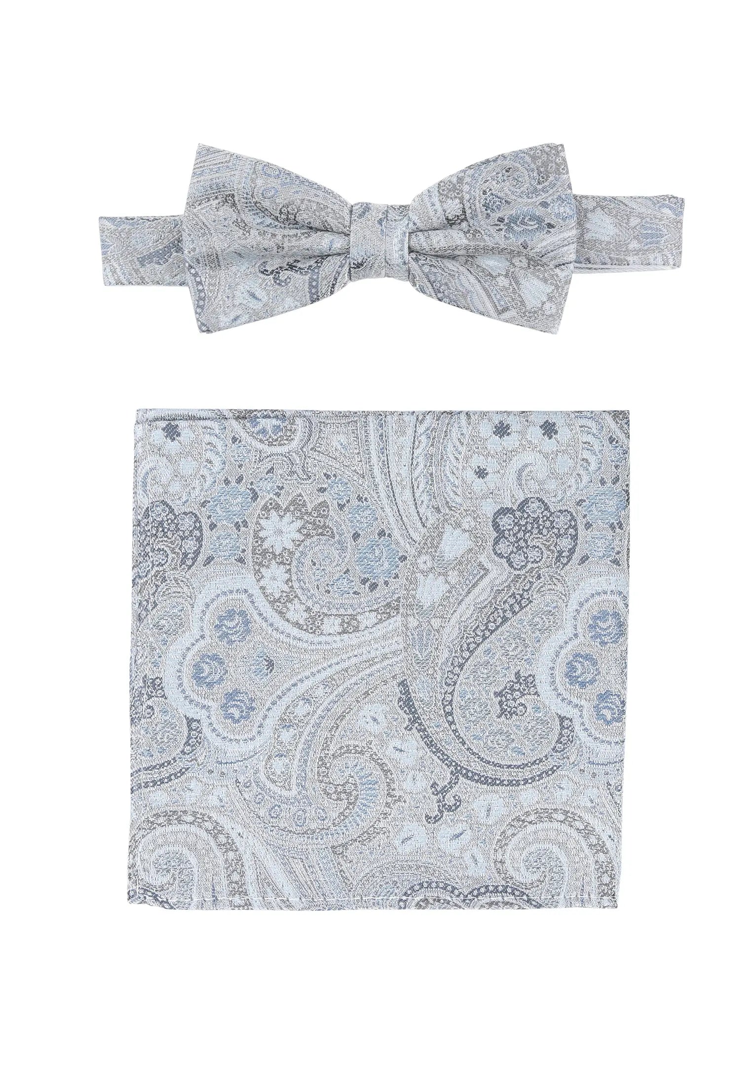 (Blau) Fliege und Einstecktuch Set Hochzeit Paisley – Fliege und Tuch ausgelegt