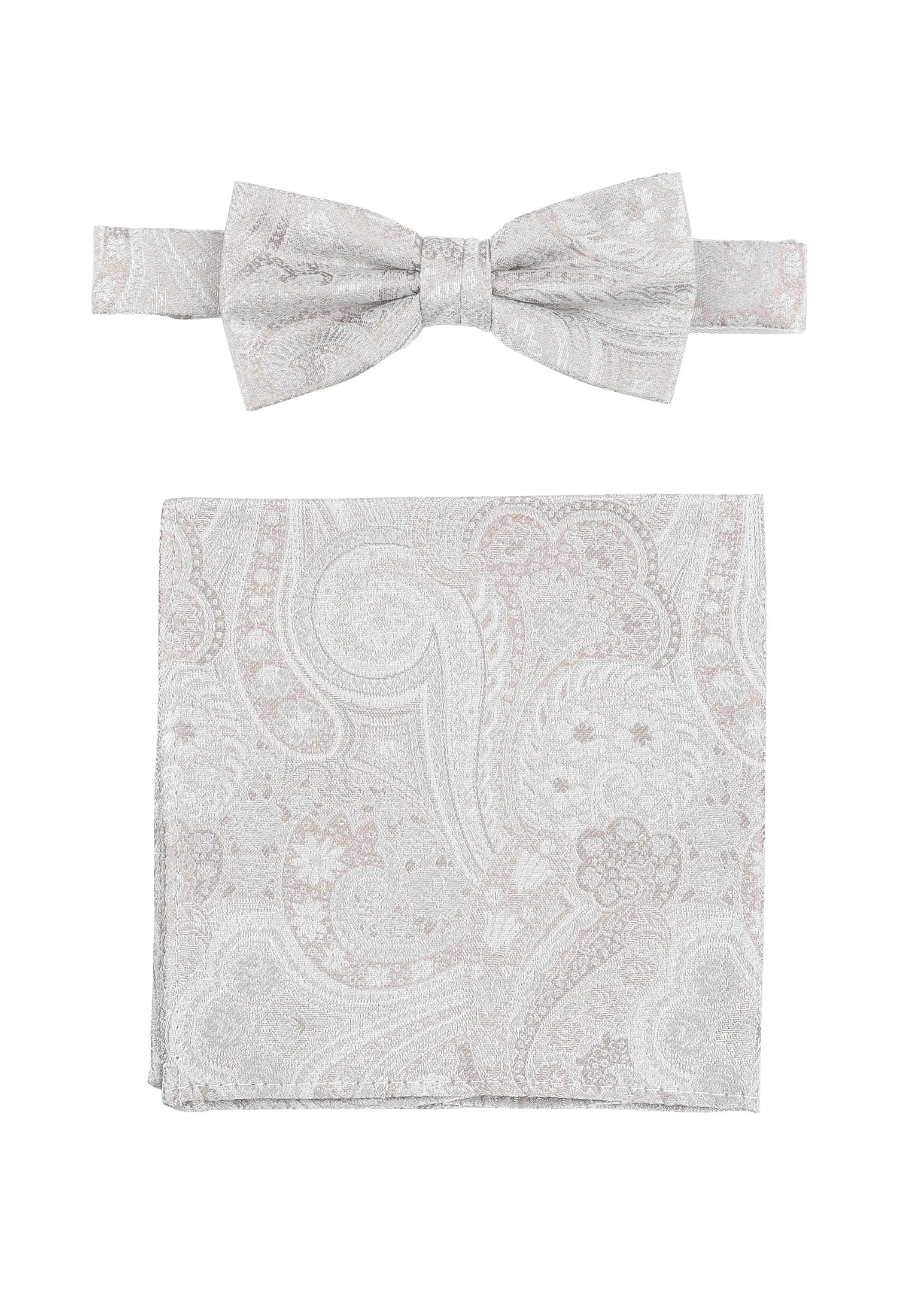 (Beige) Fliege und Einstecktuch Set Hochzeit Paisley – Fliege und Tuch ausgelegt