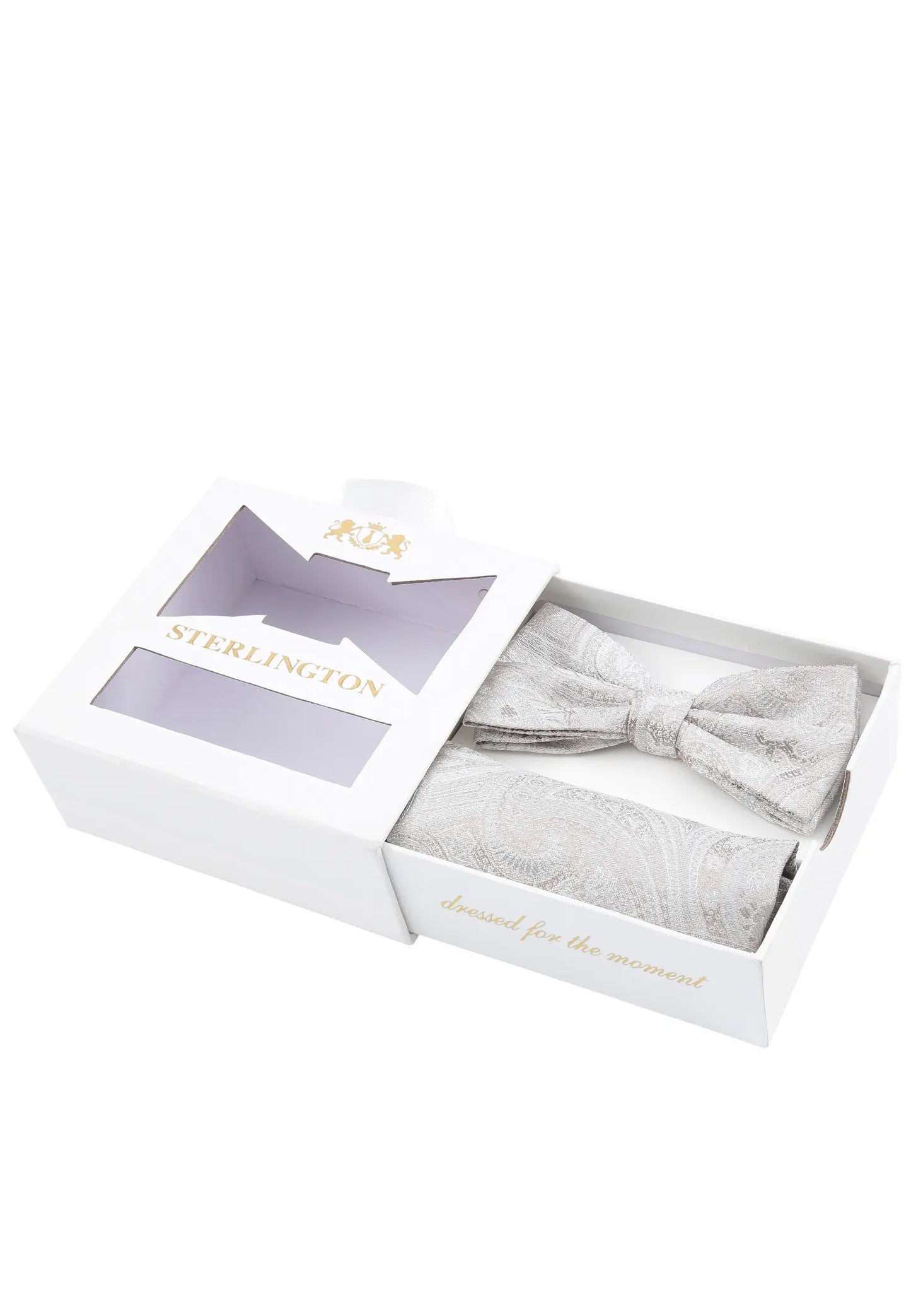 (Beige) Fliege Einstecktuch Set Sterlington – Geschenkbox schräg geöffnet