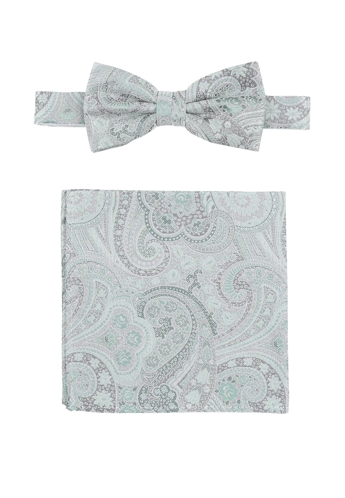 (Grün) Fliege und Einstecktuch Set Hochzeit Paisley – Fliege und Tuch ausgelegt