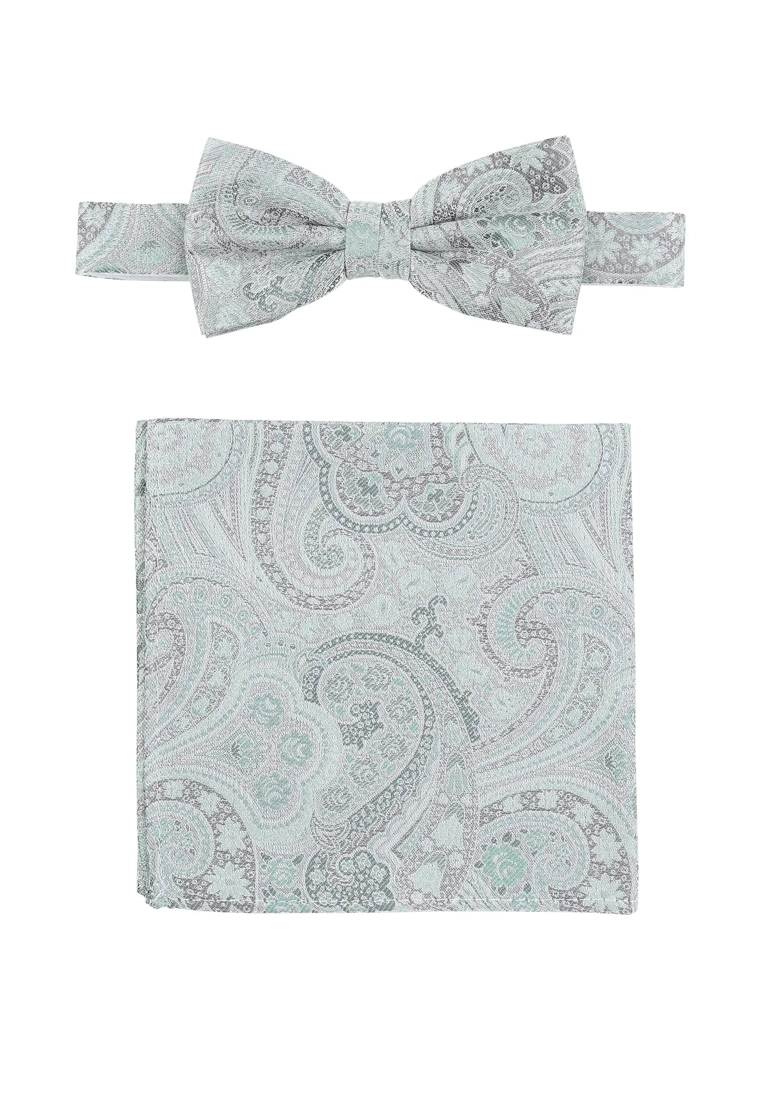 (Grün) Fliege und Einstecktuch Set Hochzeit Paisley – Fliege und Tuch ausgelegt