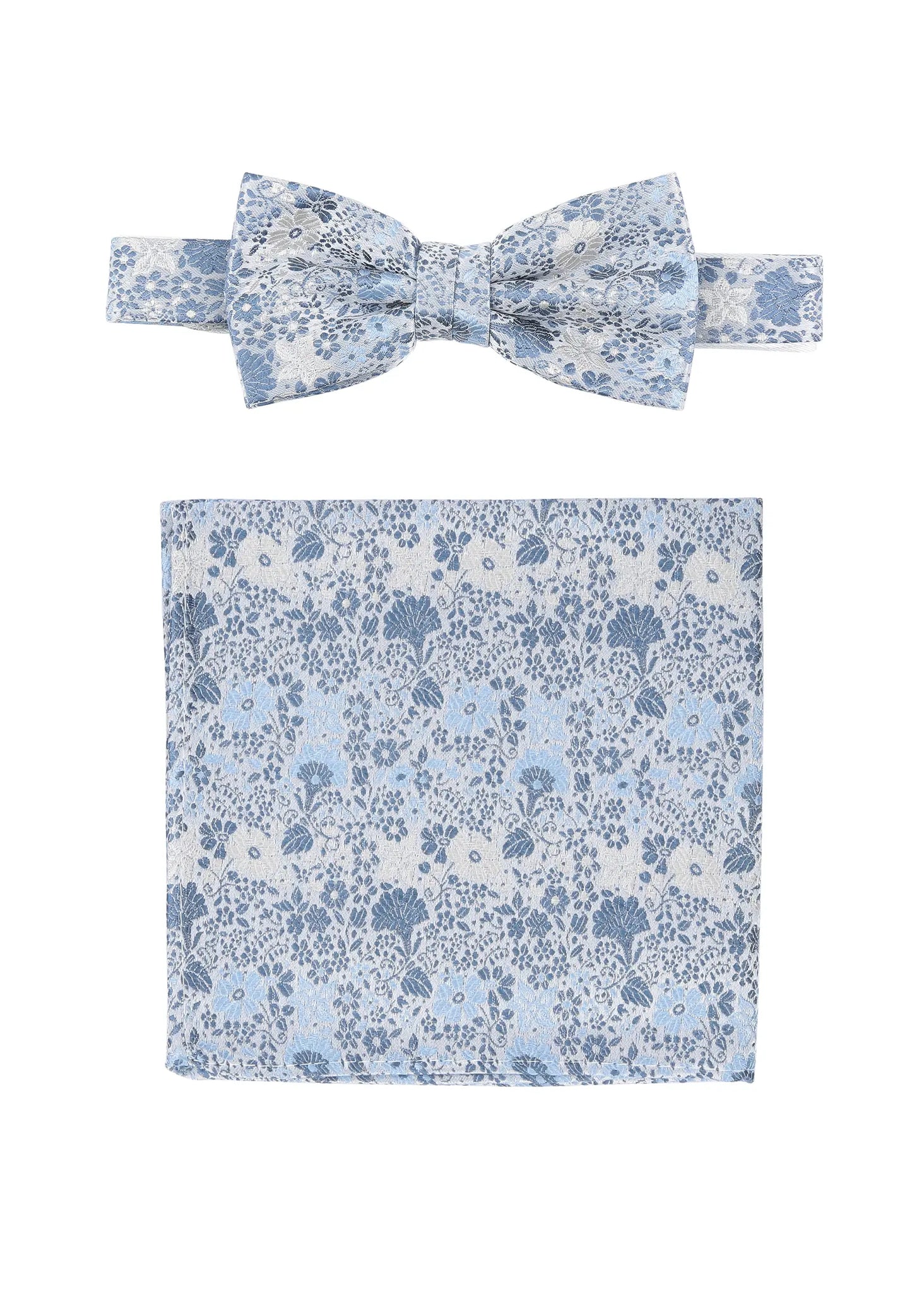 (Hellblau) Fliege und Einstecktuch Set Hochzeit Floral – Fliege und Tuch ausgelegt