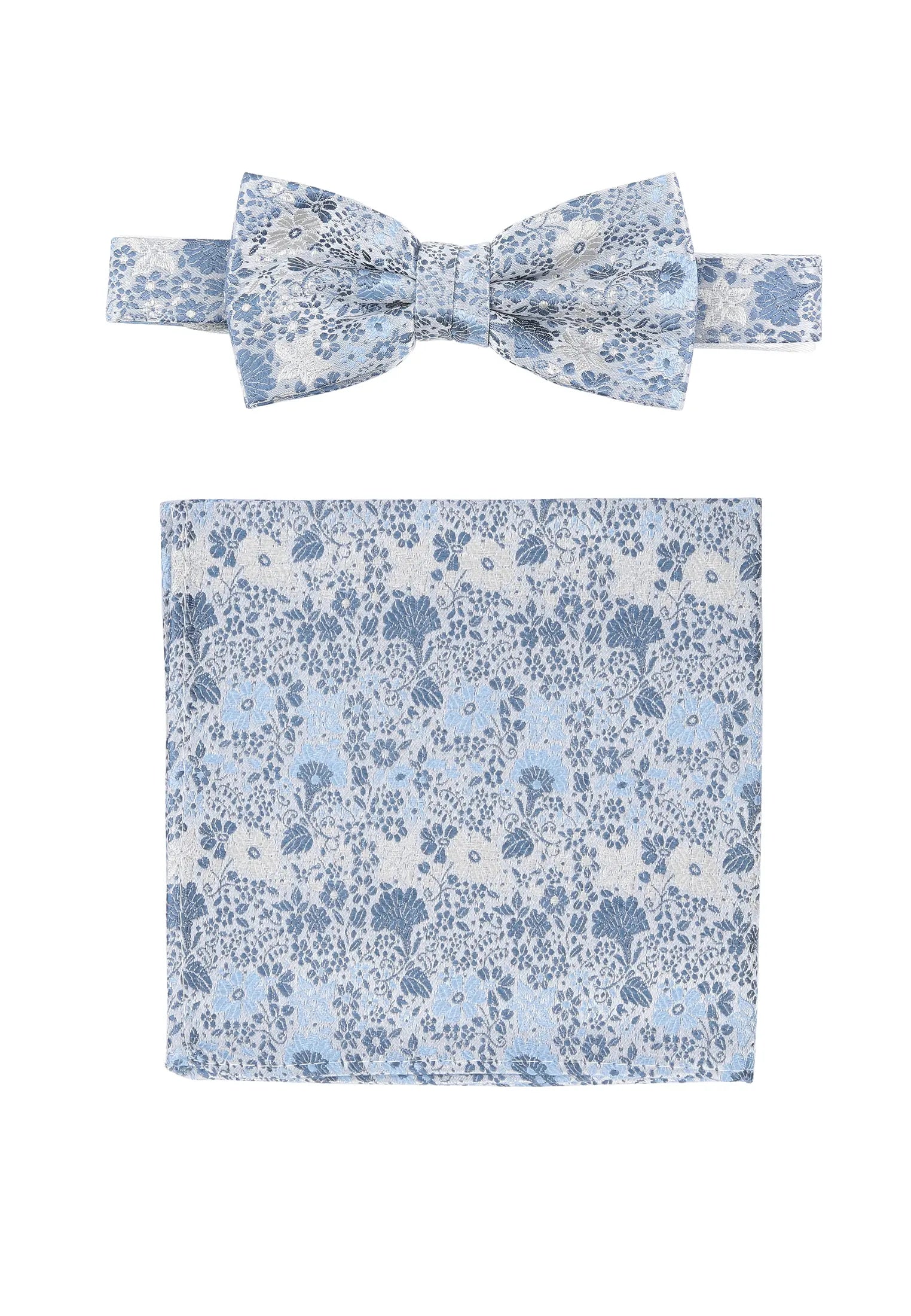 (Hellblau) Fliege und Einstecktuch Set Hochzeit Floral – Fliege und Tuch ausgelegt
