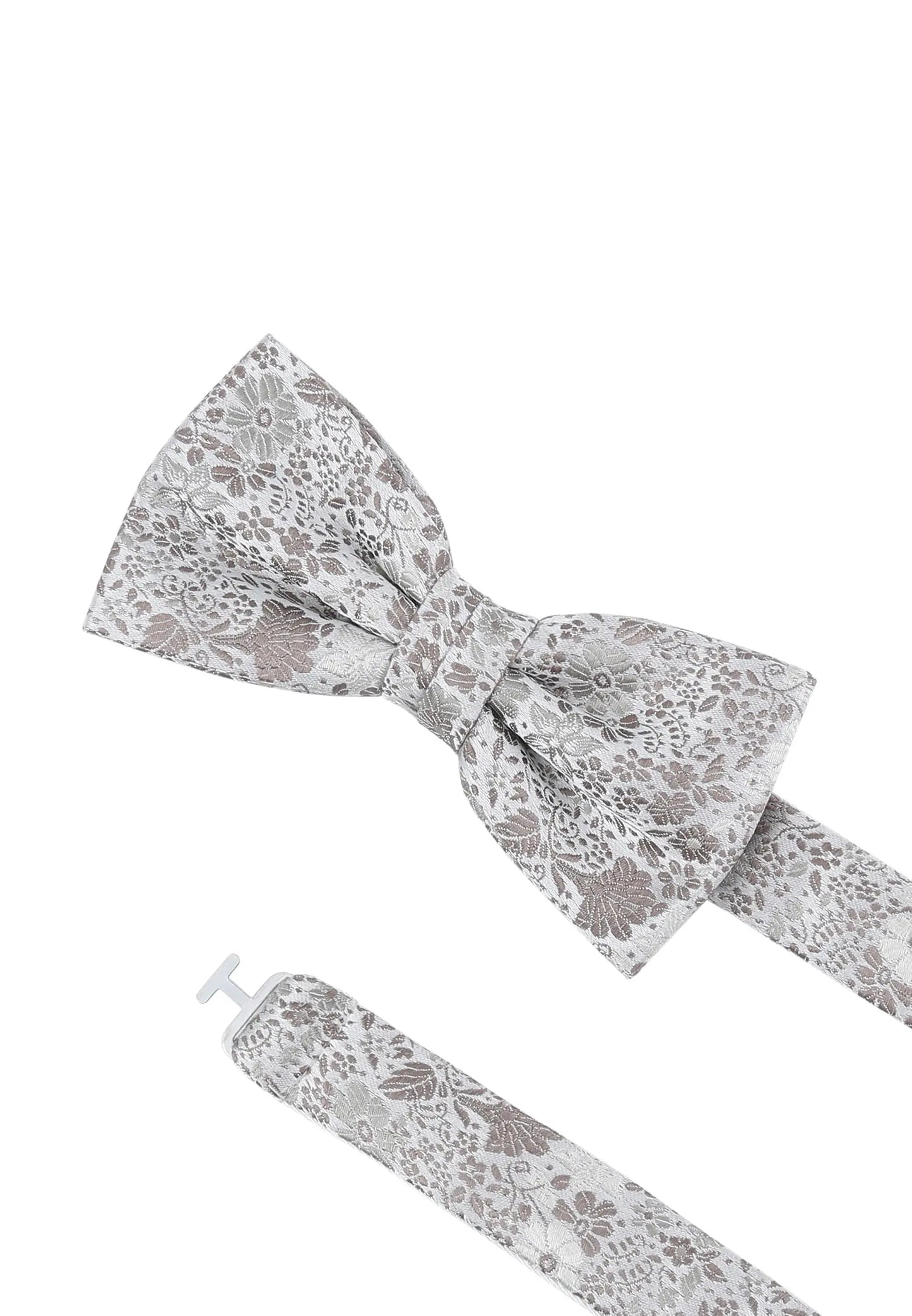 (Taupe) Hochzeitsfliege Floral Seide – Detailansicht mit verstellbarem Größenband