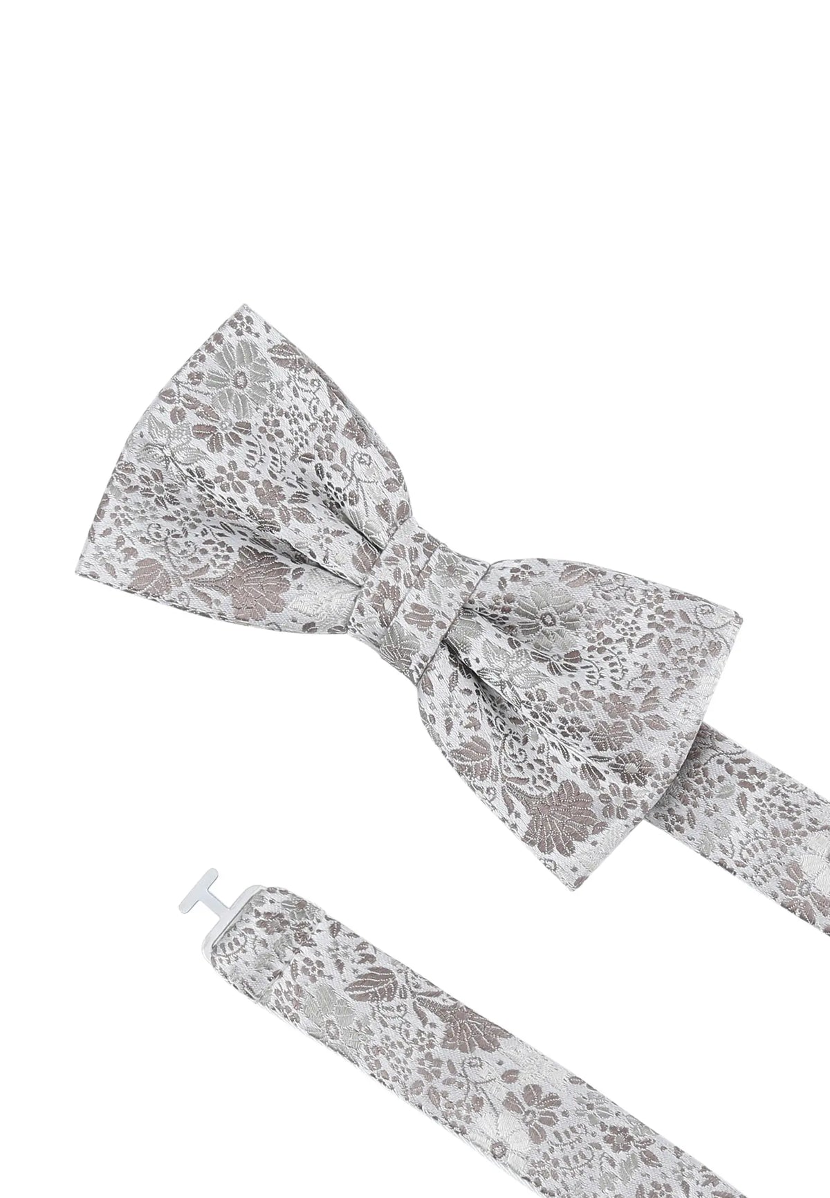 (Taupe) Hochzeitsfliege Floral Seide – Detailansicht mit verstellbarem Größenband