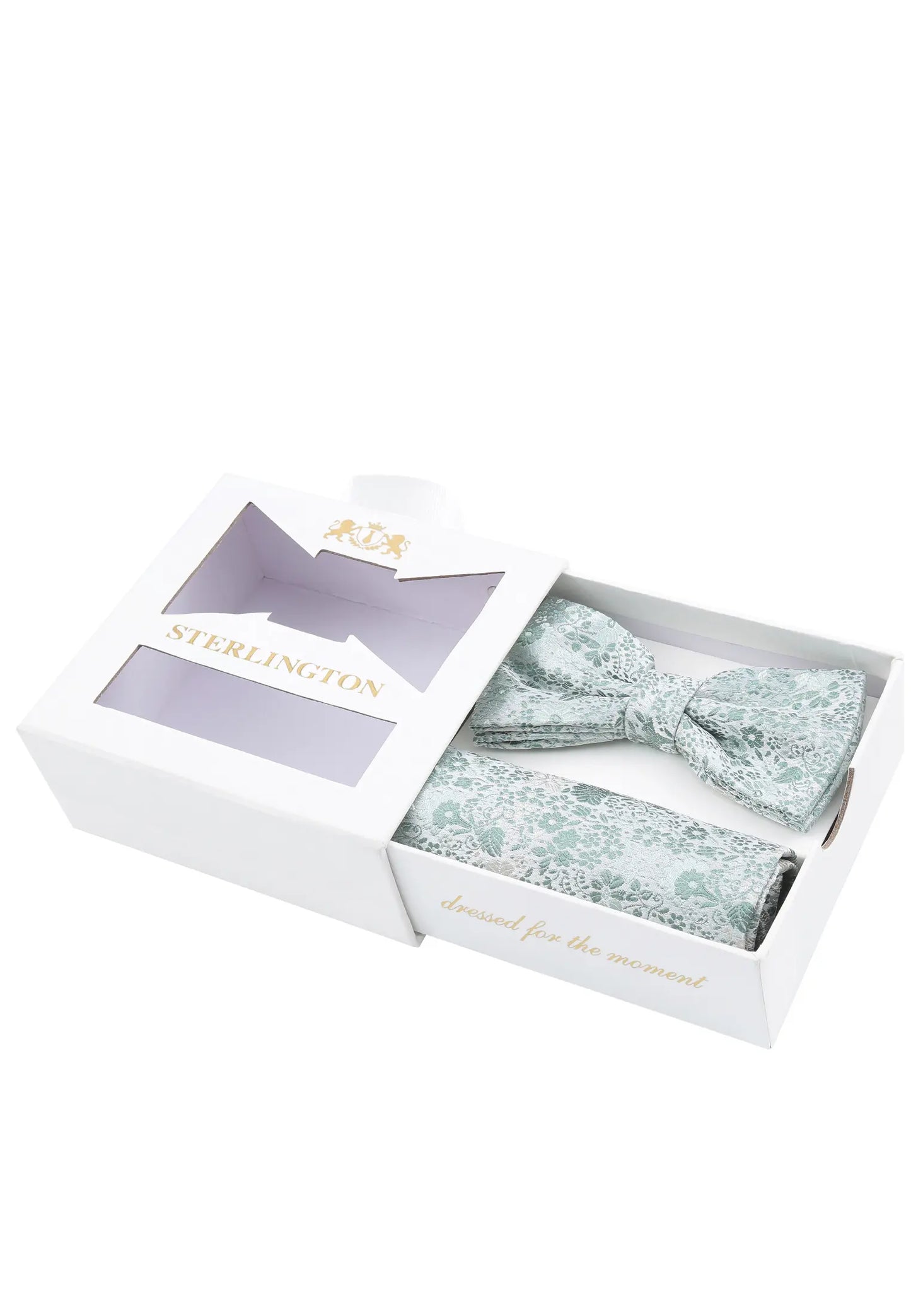 (Mint) Fliege Einstecktuch Set Sterlington – Geschenkbox schräg geöffnet