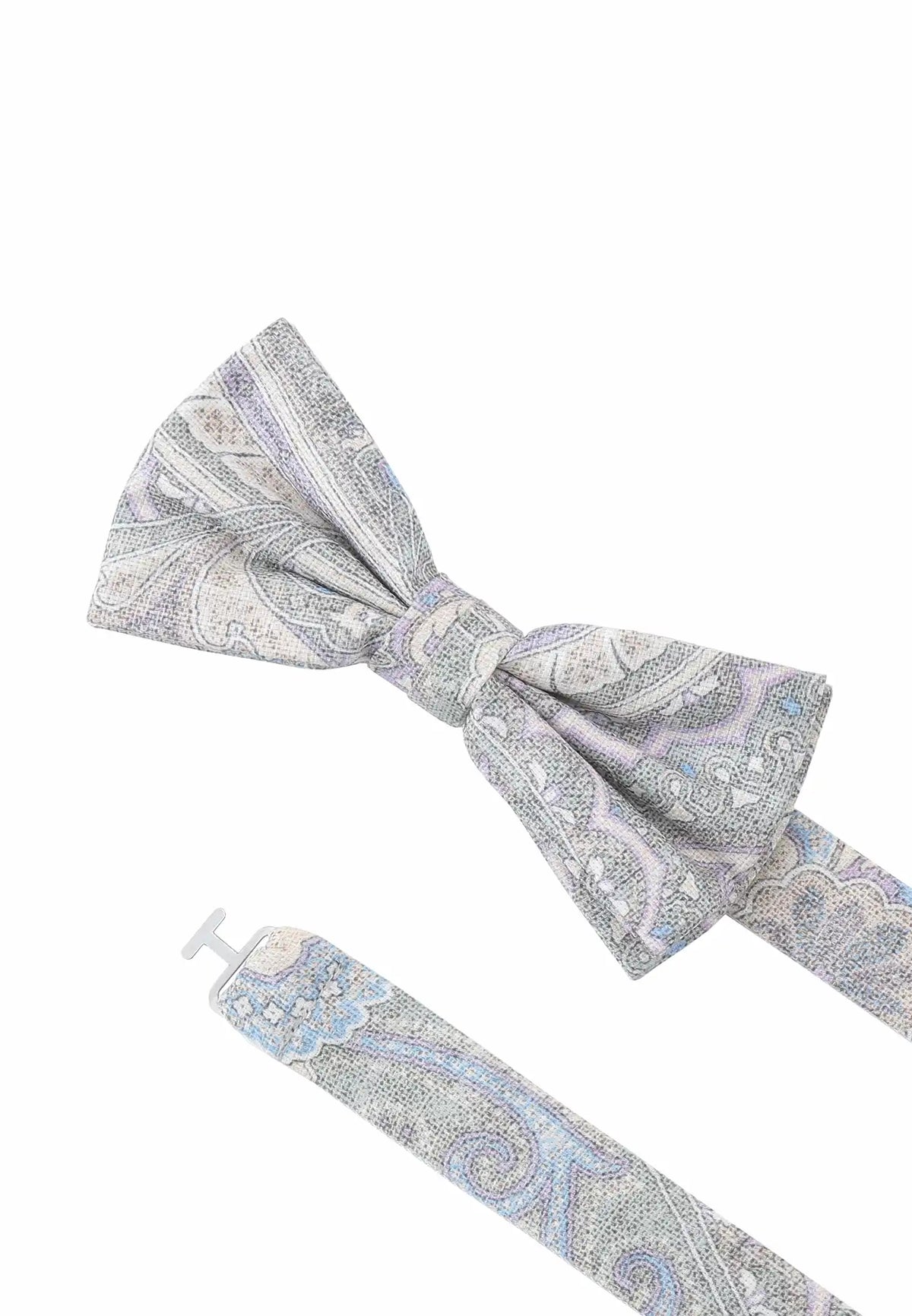 (Grau) Fliege Paisley-Muster Baumwolle – Detailansicht mit verstellbarem Größenband