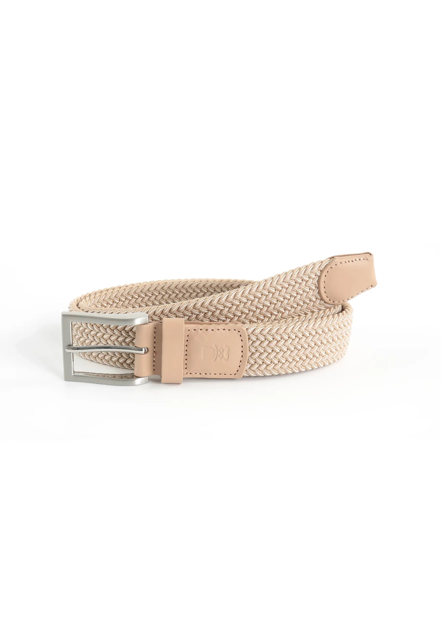 (Beige) Flechtgürtel Herren elastisch – geflochtener Stretchgürtel aufgerollt