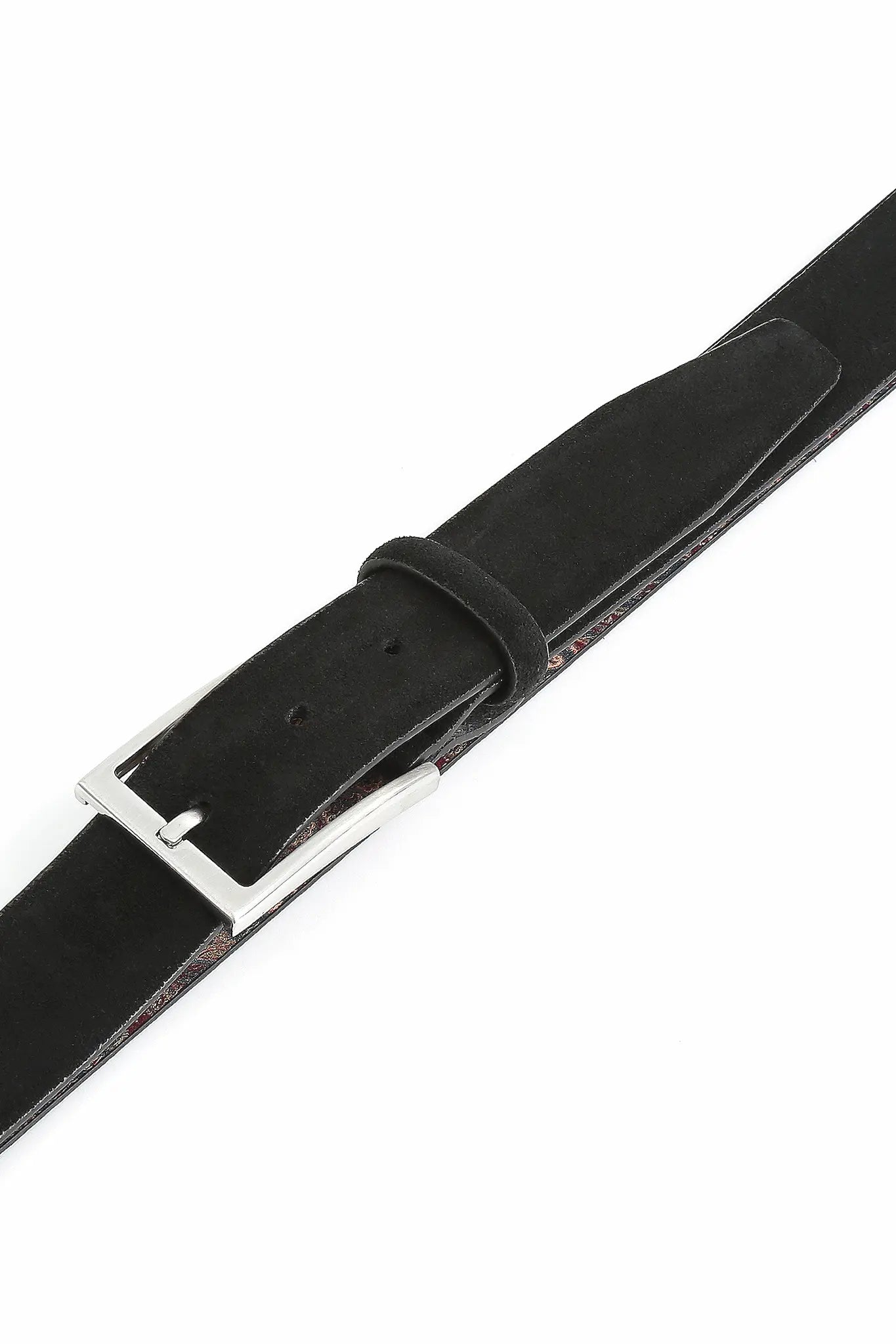 (Schwarz) Detailaufnahme Dornschließe am Velours Ledergürtel Herren, 35mm breit