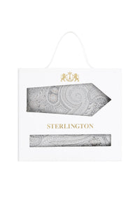(Silber) Krawatte Einstecktuch Set Paisley Seide – Sterlington Geschenkbox Frontalansicht
