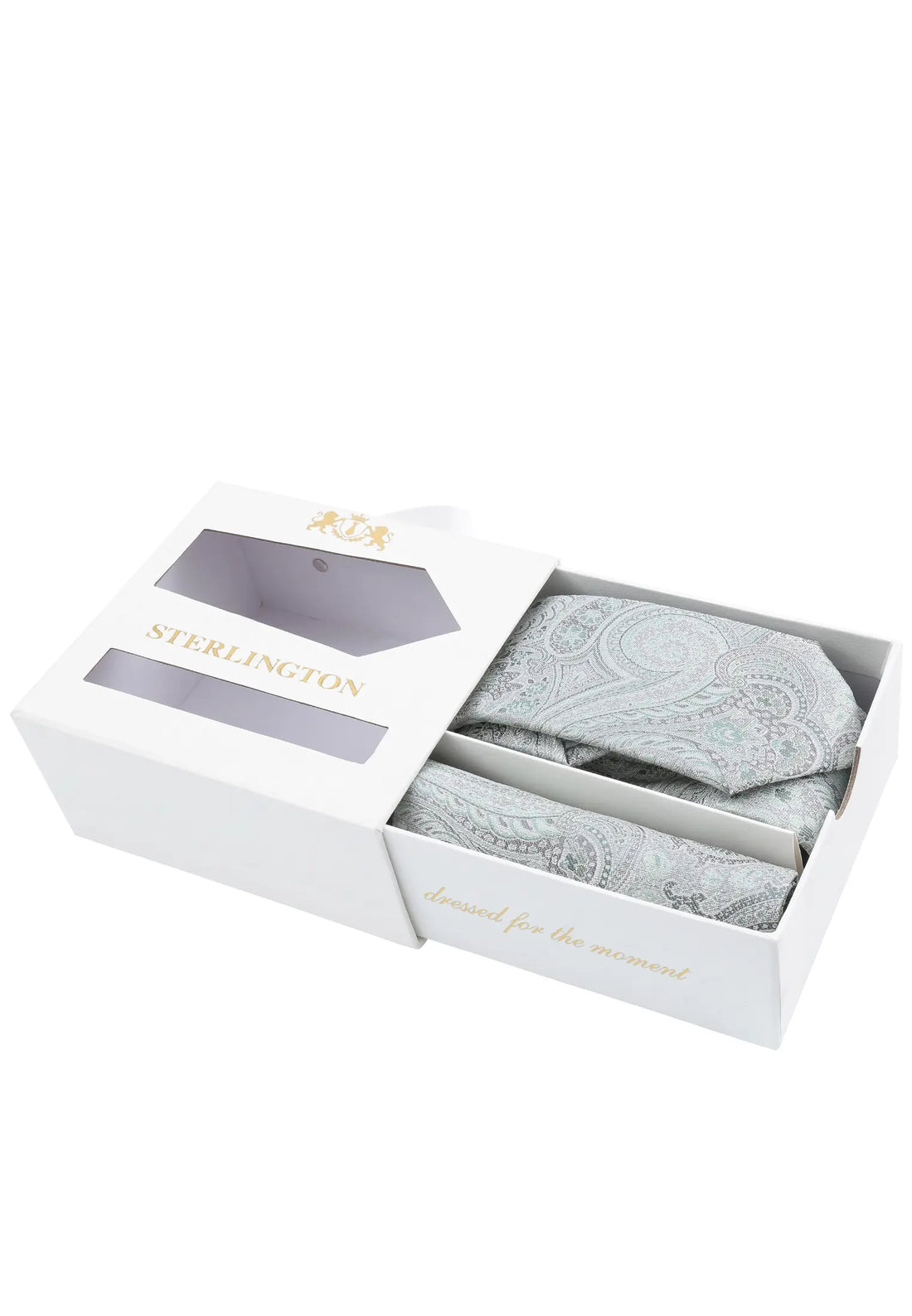 (Grün) Krawatte Einstecktuch Set Sterlington – Geschenkbox schräg geöffnet