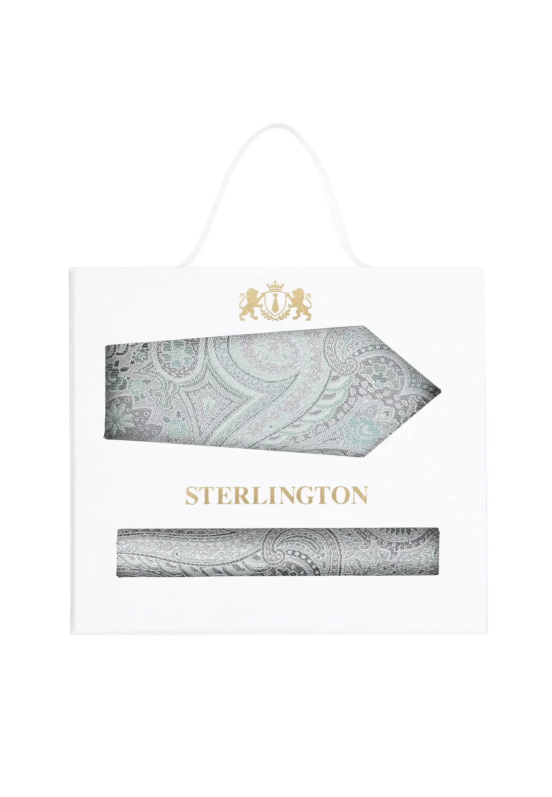 (Grün) Krawatte Einstecktuch Set Paisley Seide – Sterlington Geschenkbox Frontalansicht