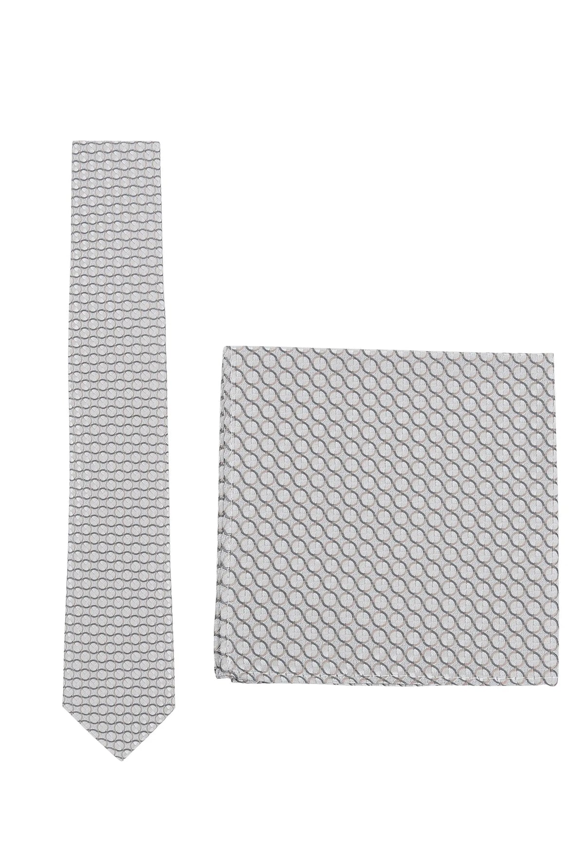 (Silber) Krawatte und Einstecktuch Set Hochzeit Kreise – Krawatte und Tuch ausgelegt