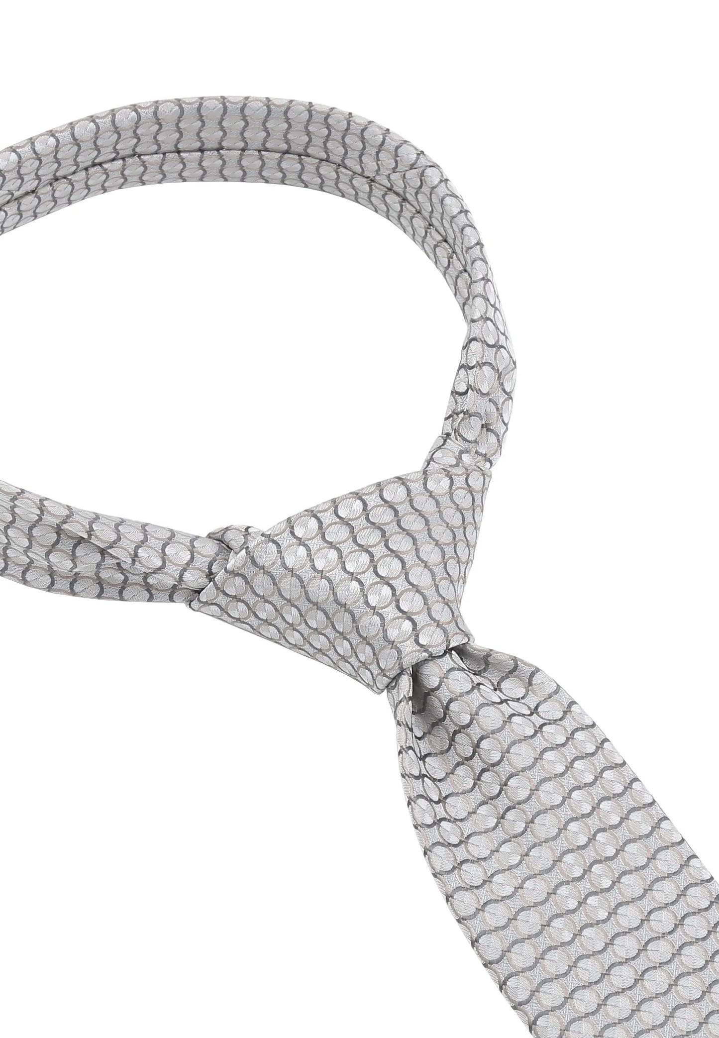 (Silber) Hochzeitskrawatte Kreise Seide – Detailansicht gebundener Knoten