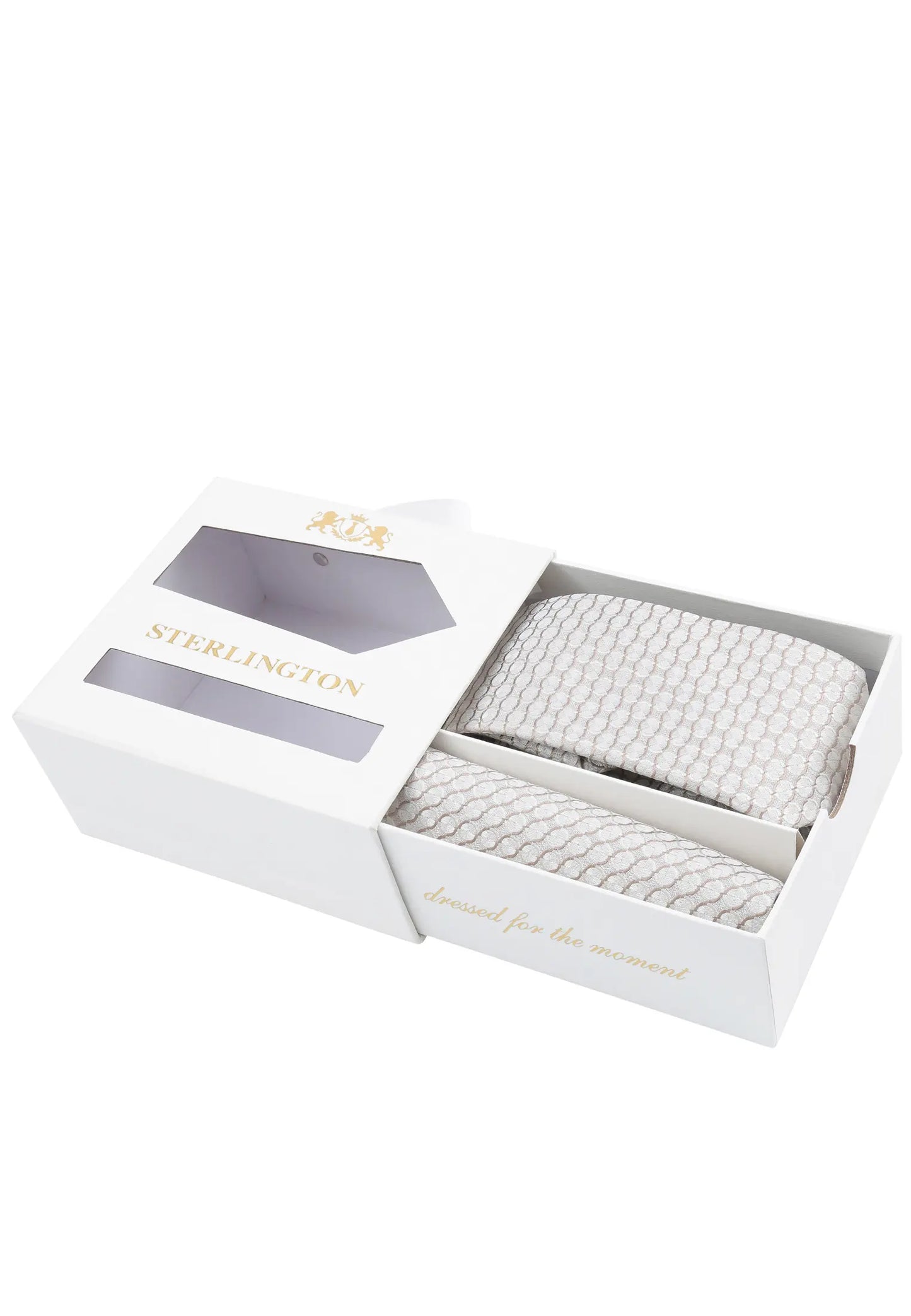 (Beige) Krawatte Einstecktuch Set Sterlington – Geschenkbox schräg geöffnet