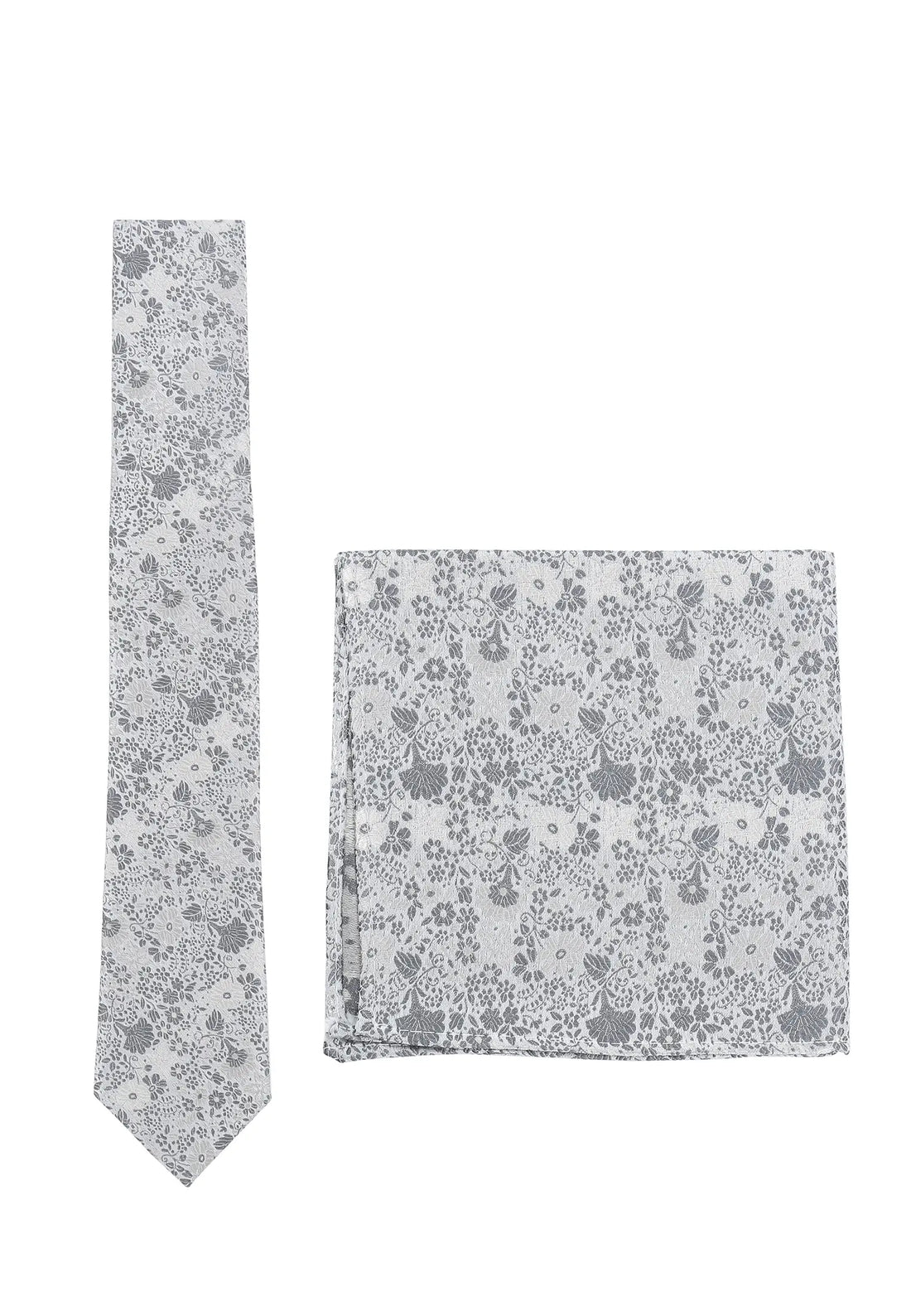 (Silber) Krawatte und Einstecktuch Set Hochzeit Floral – Krawatte und Tuch ausgelegt