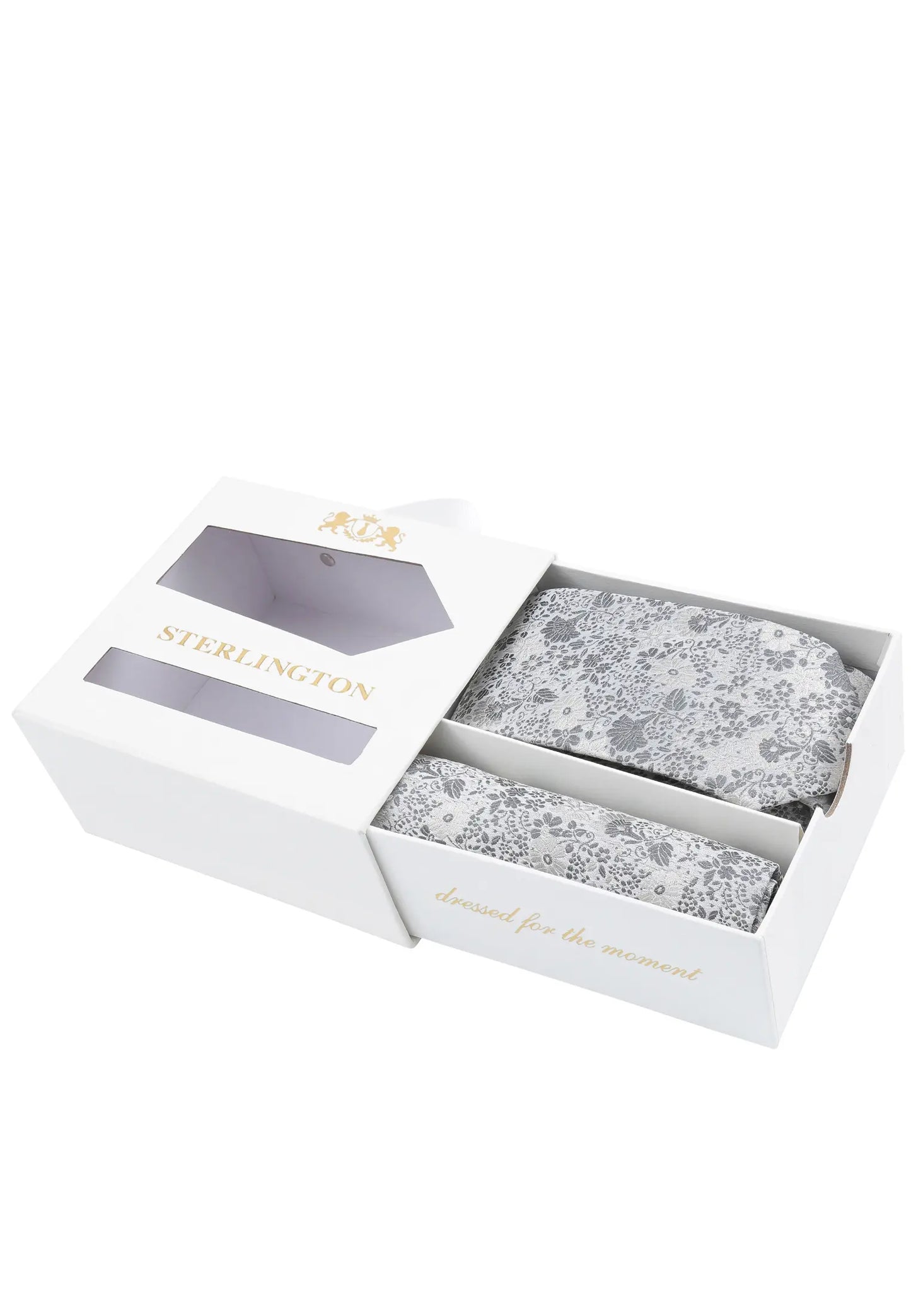 (Silber) Krawatte Einstecktuch Set Sterlington – Geschenkbox schräg geöffnet
