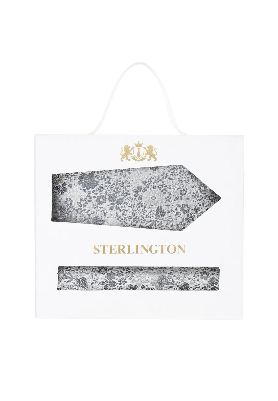 (Silber) Krawatte Einstecktuch Set Floral Seide – Sterlington Geschenkbox Frontalansicht