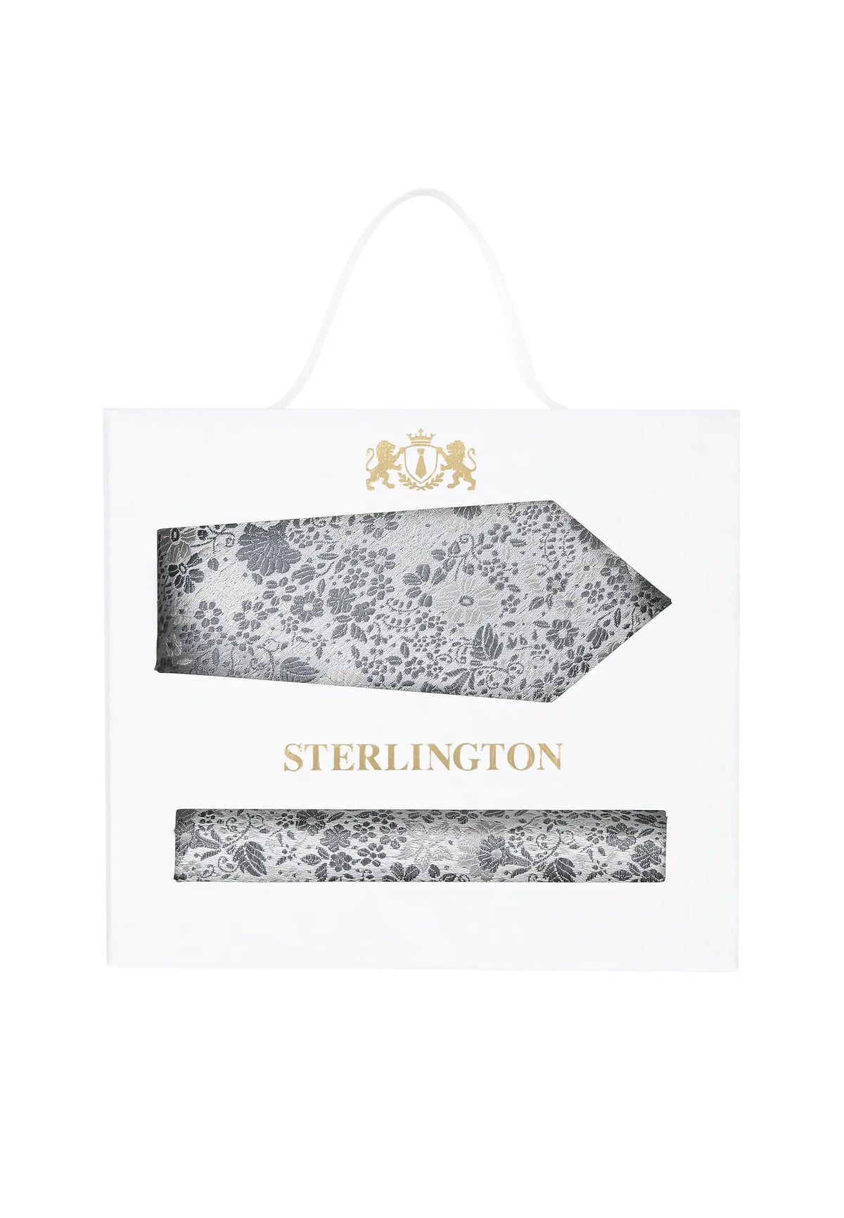 (Silber) Krawatte Einstecktuch Set Floral Seide – Sterlington Geschenkbox Frontalansicht