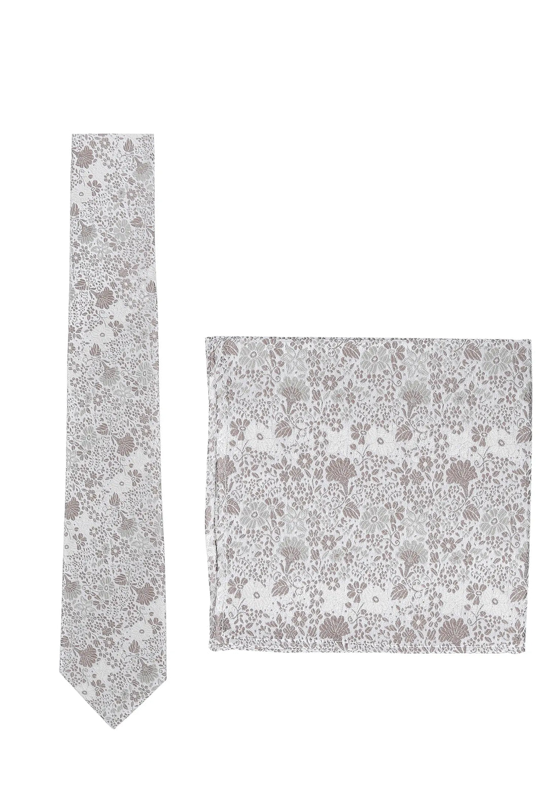 (Taupe) Krawatte und Einstecktuch Set Hochzeit Floral – Krawatte und Tuch ausgelegt