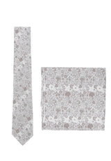 (Taupe) Krawatte und Einstecktuch Set Hochzeit Floral – Krawatte und Tuch ausgelegt