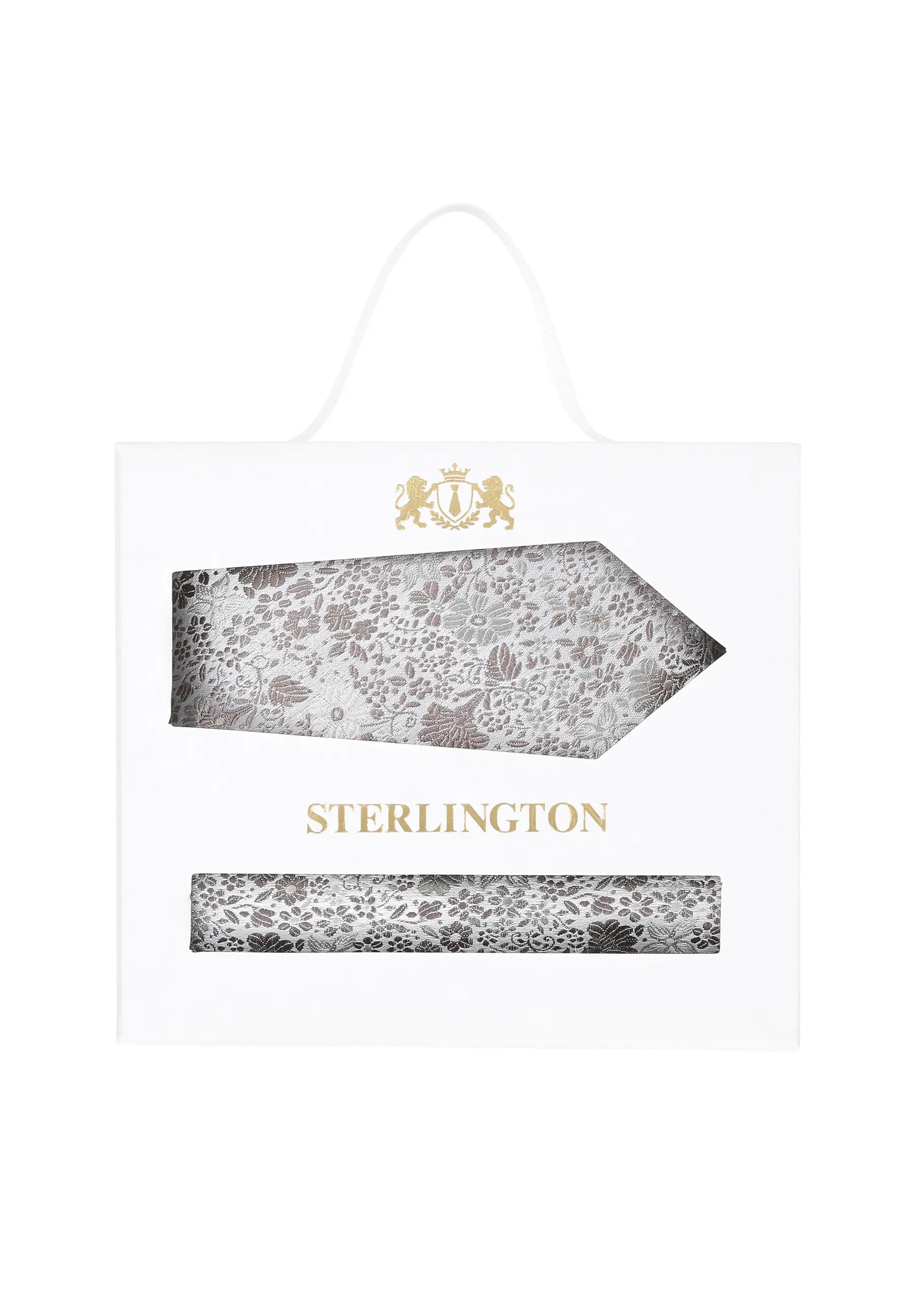 (Taupe) Krawatte Einstecktuch Set Floral Seide – Sterlington Geschenkbox Frontalansicht