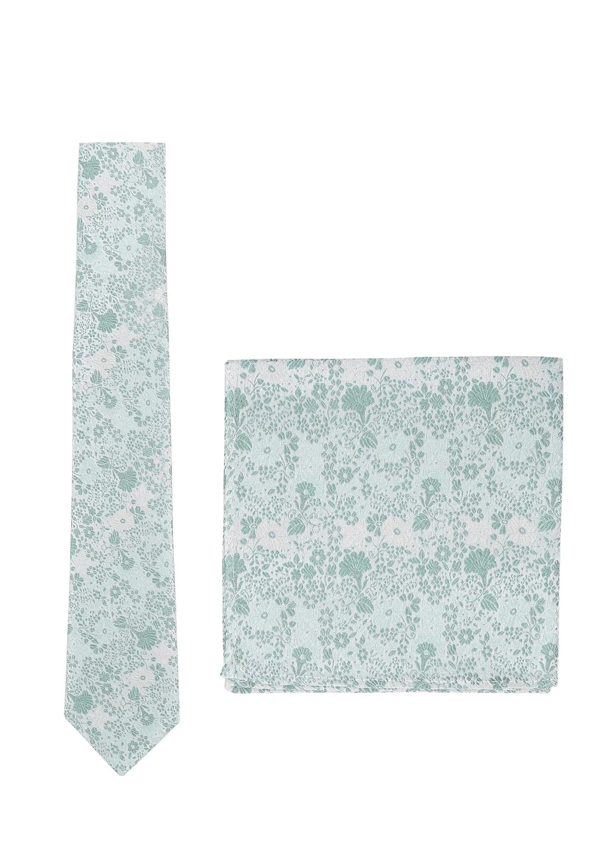 (Mint) Krawatte und Einstecktuch Set Hochzeit Floral – Krawatte und Tuch ausgelegt