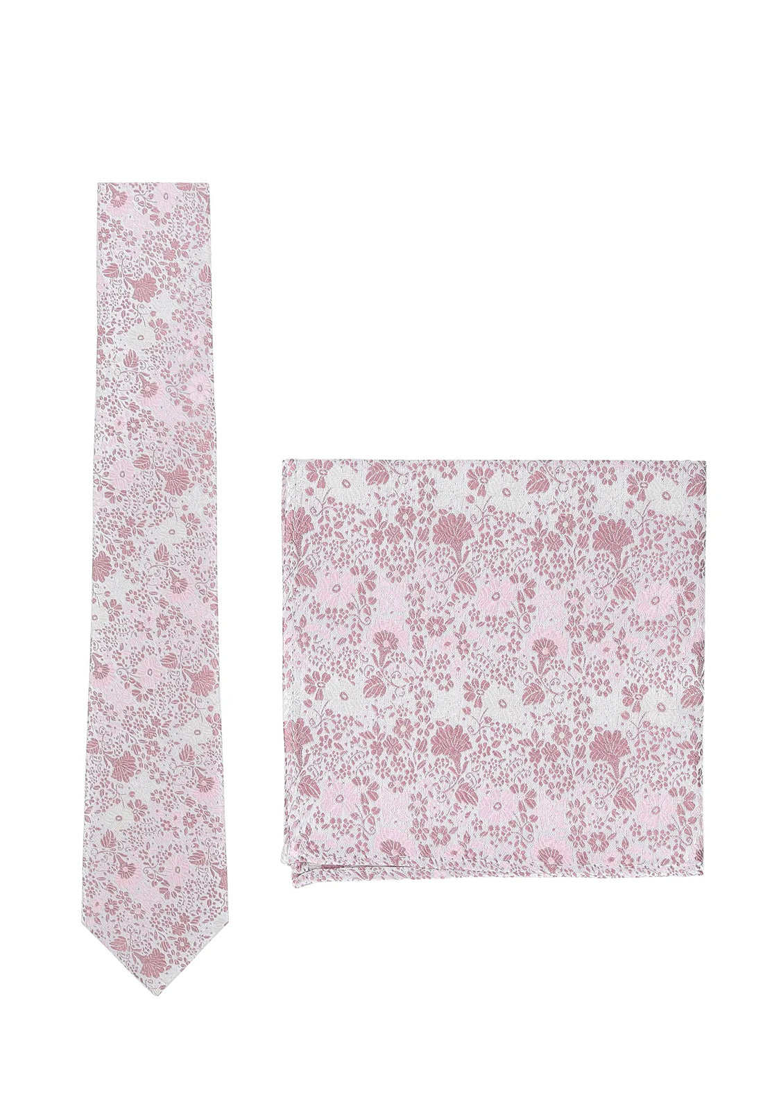 (Rosa) Krawatte und Einstecktuch Set Hochzeit Floral – Krawatte und Tuch ausgelegt