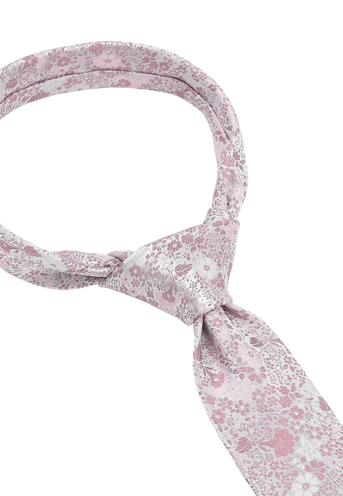 (Rosa) Hochzeitskrawatte Floral Seide – Detailansicht gebundener Knoten