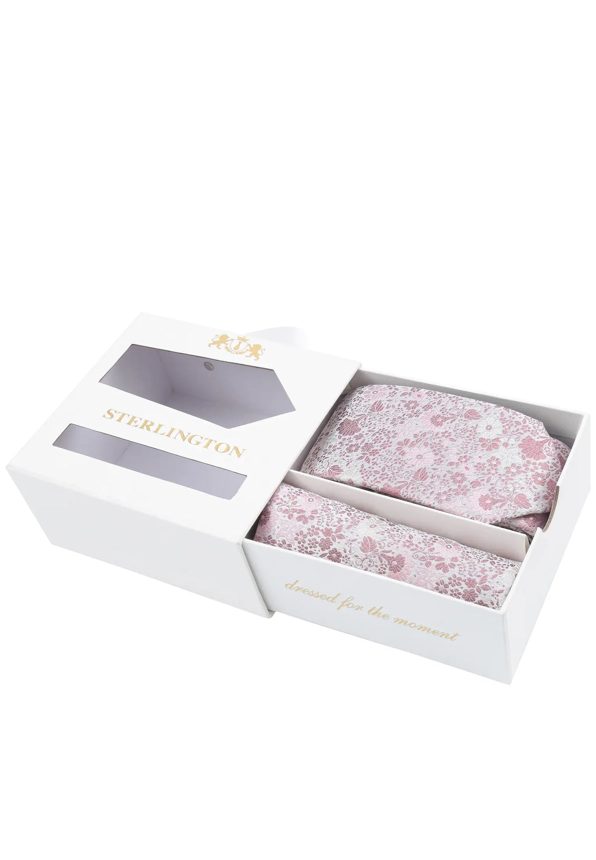 (Rosa) Krawatte Einstecktuch Set Sterlington – Geschenkbox schräg geöffnet