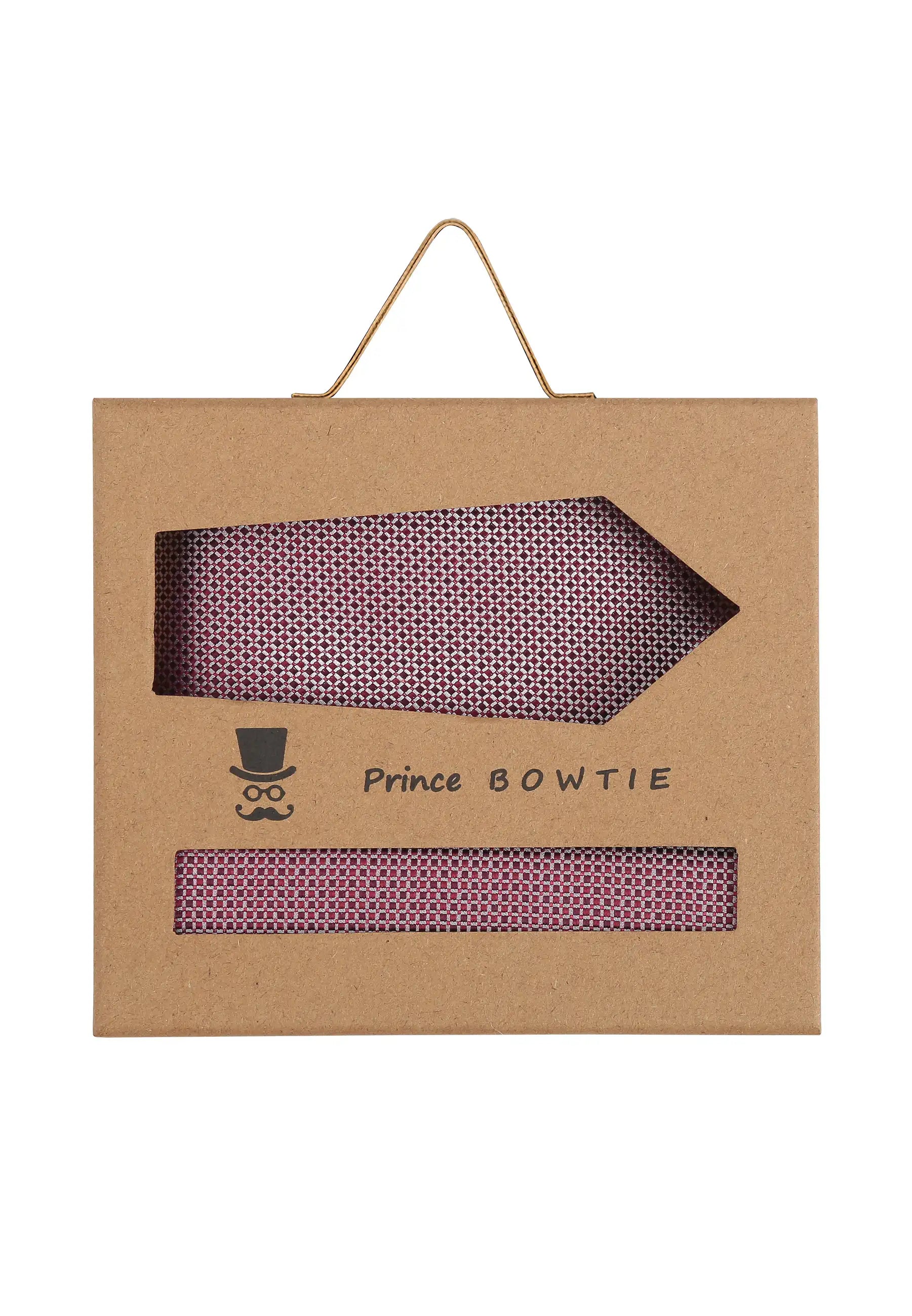 (Bordeaux) Krawatte Einstecktuch Set Herren Mikromuster Seide – Geschenkverpackung Prince Bowtie