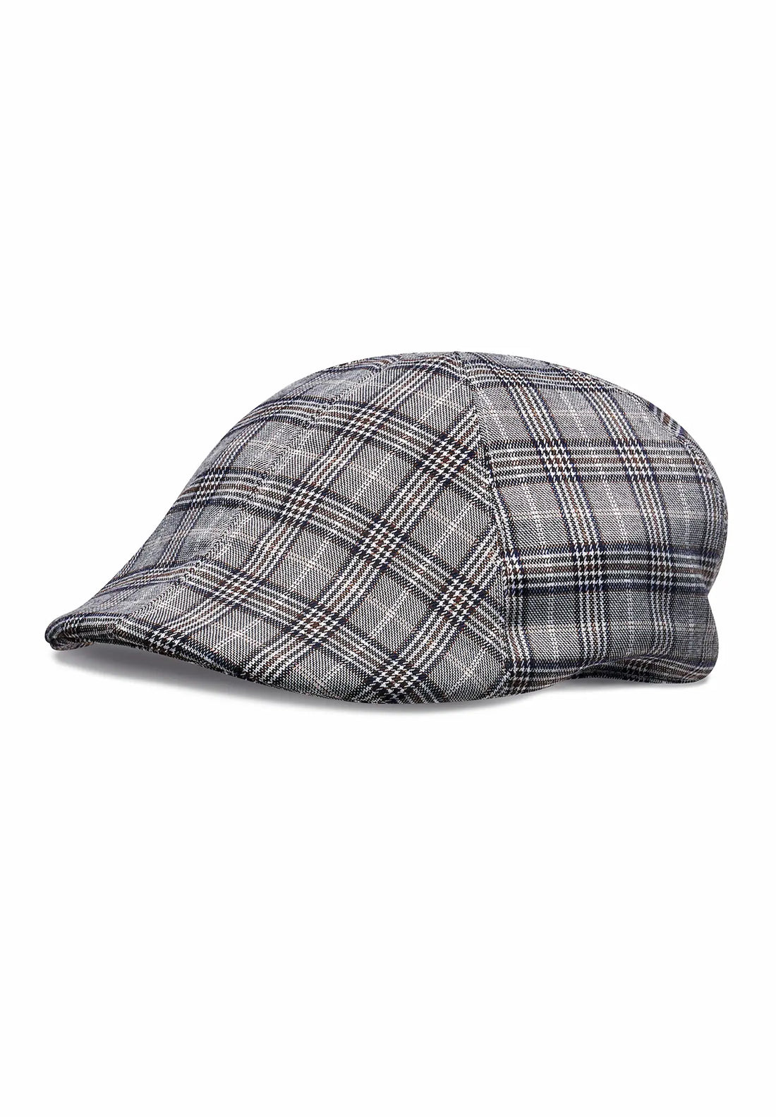 (Grau) Flat Cap Schiebermütze Herren, graues Karo-Design, freigestellt, seitliche Ansicht