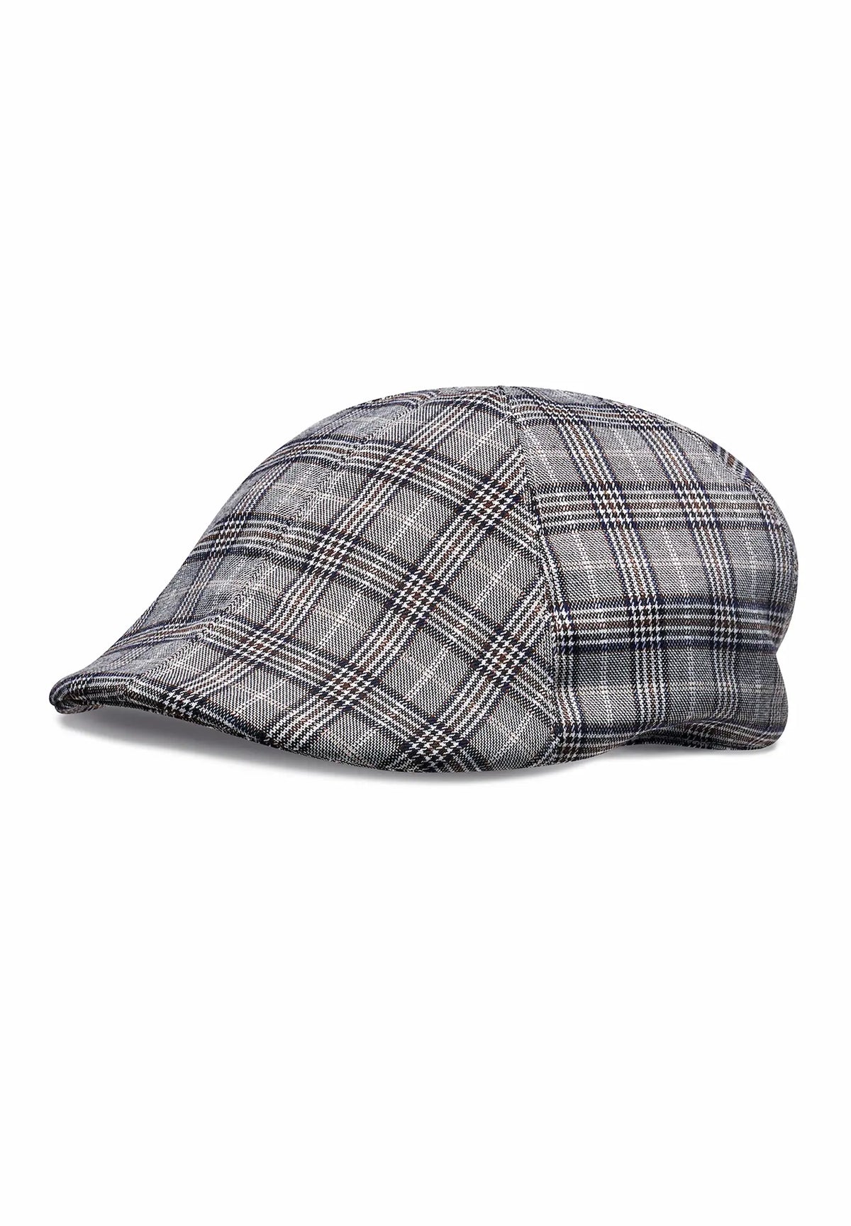 (Grau) Flat Cap Schiebermütze Herren, graues Karo-Design, freigestellt, seitliche Ansicht