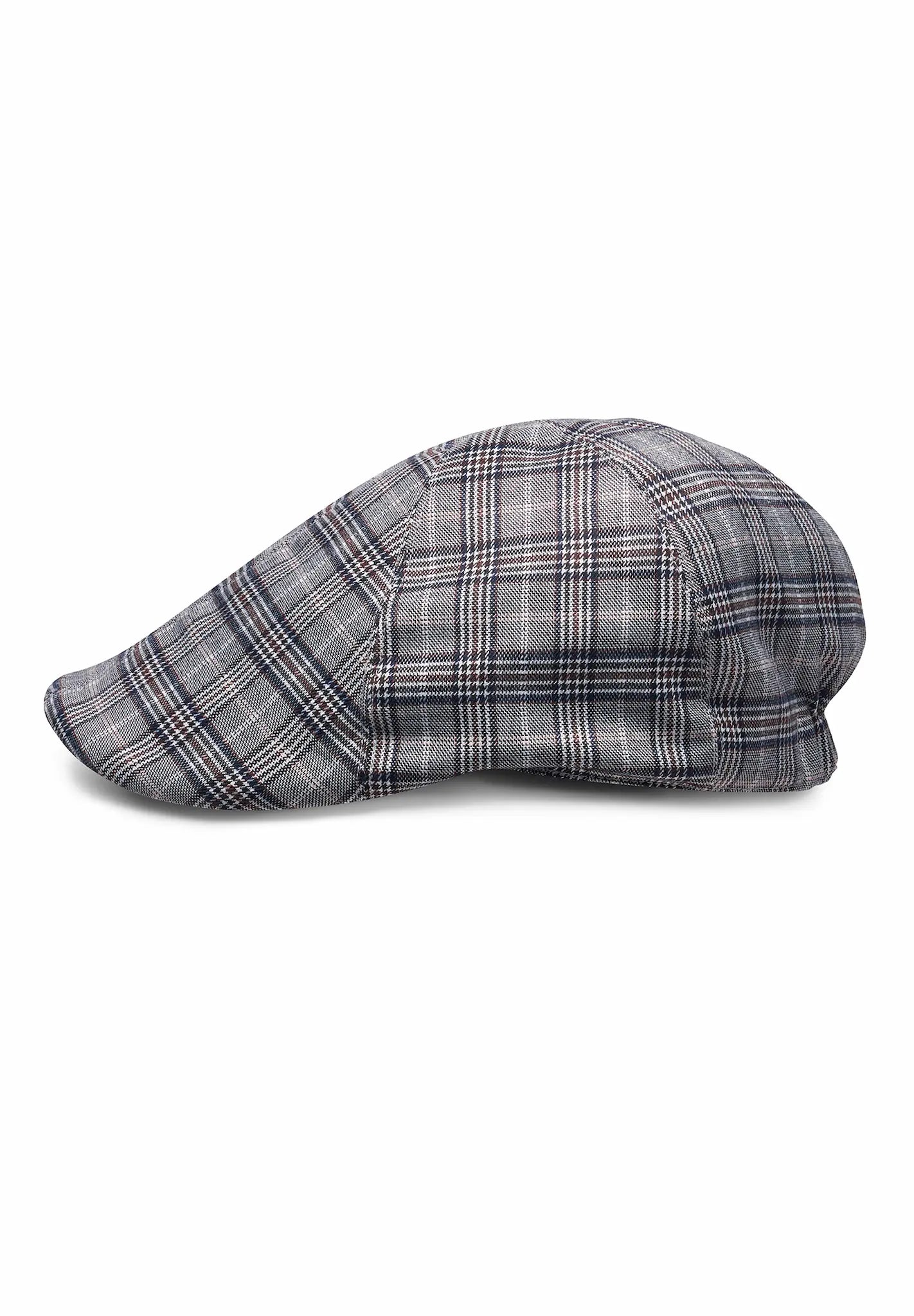 (Grau) Schiebermütze Herren grau kariert, Flat Cap, freigestellt, Profilansicht