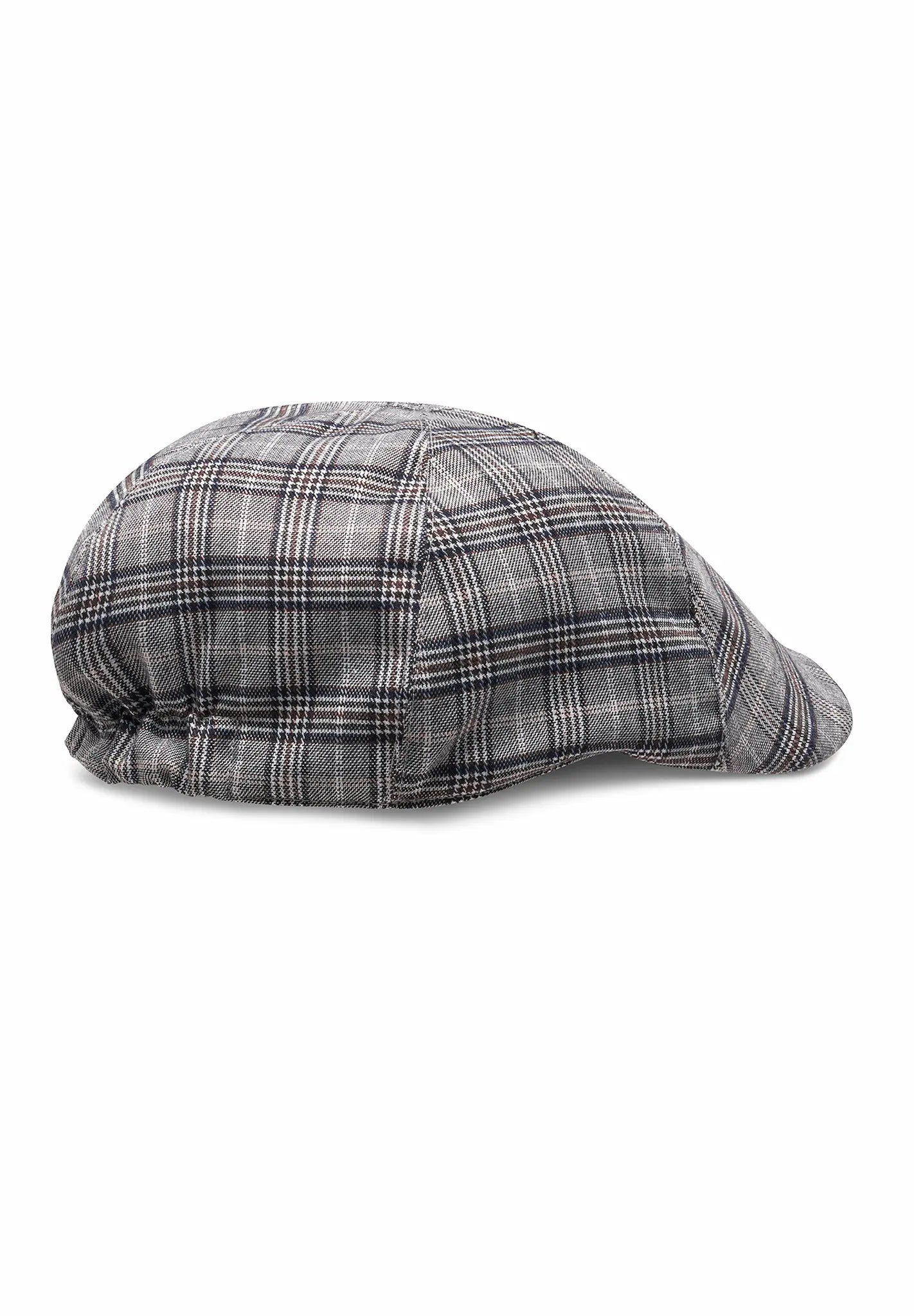 (Grau) Flat Cap Schiebermütze mit Karomuster, Rückansicht, freigestellt