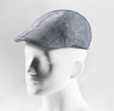 (Blau) Schiebermütze Herren Leinen – Flat Cap seitliche Ansicht auf Mannequin