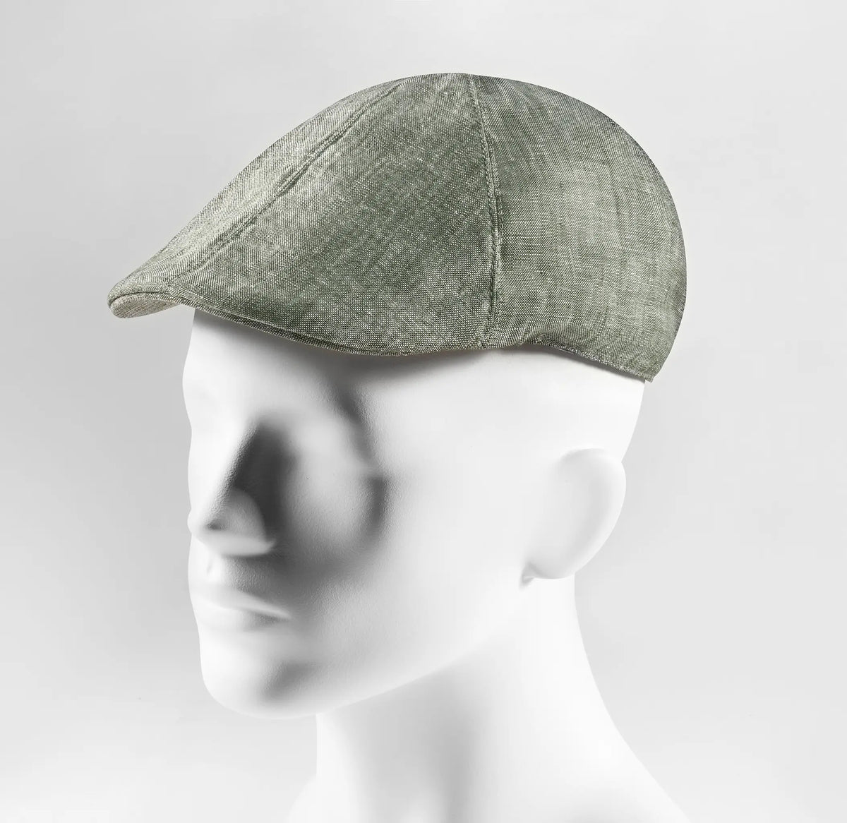 (Mint) Schiebermütze Herren Leinen – Flat Cap seitliche Ansicht auf Mannequin