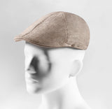 (Beige) Schiebermütze Herren Leinen – Flat Cap seitliche Ansicht auf Mannequin