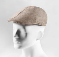 (Beige) Schiebermütze Herren Leinen – Flat Cap seitliche Ansicht auf Mannequin