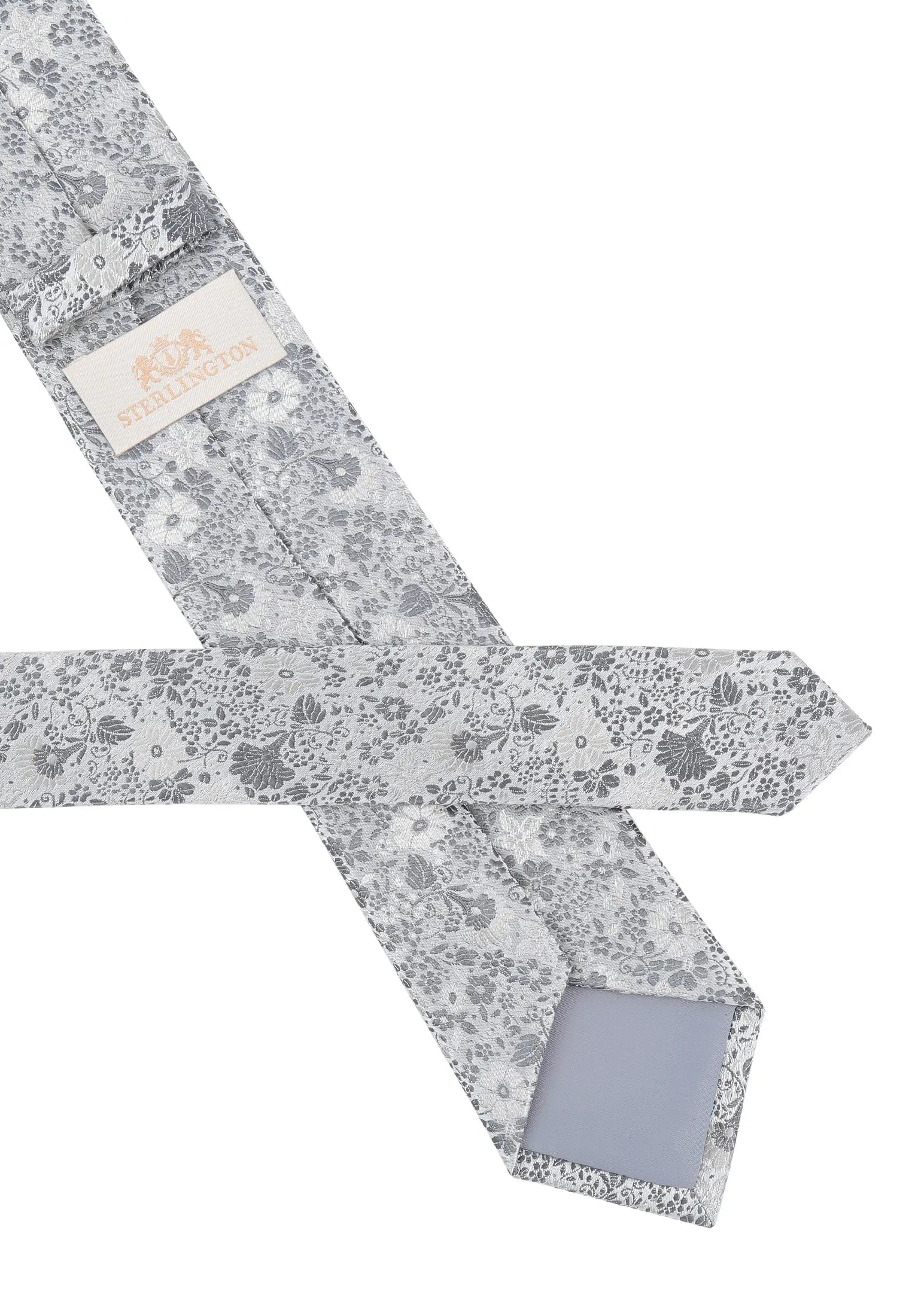 (Silber) Krawatte Herren Floral Seide – Rückseite mit Sterlington Label
