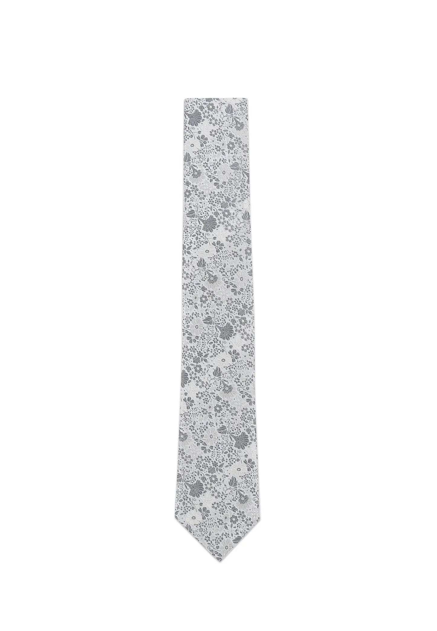 (Silber) Krawatte Hochzeit Floral Seide – Frontalansicht gerade ausgelegt