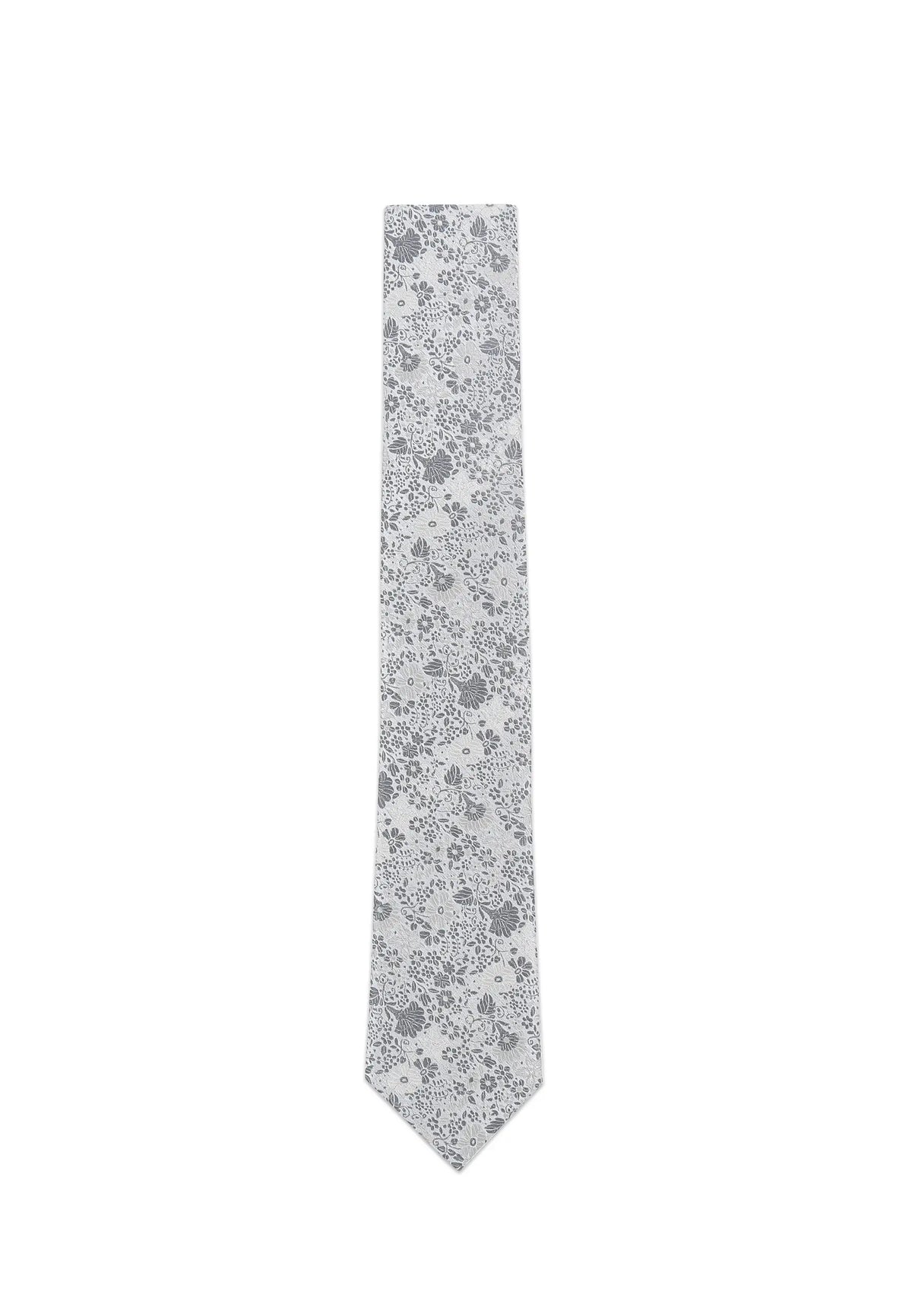 (Silber) Krawatte Hochzeit Floral Seide – Frontalansicht gerade ausgelegt