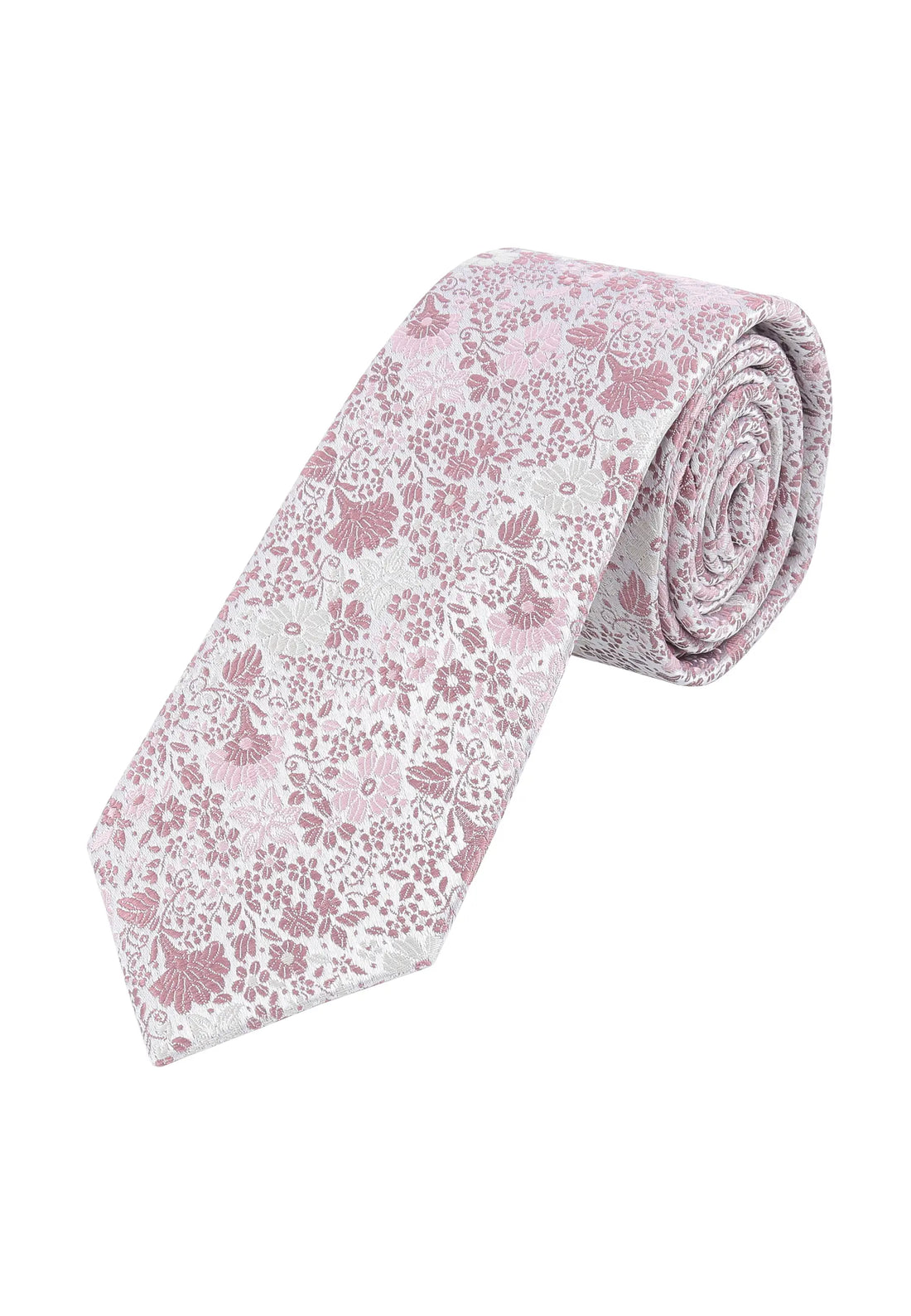 (Rosa) Hochzeitskrawatte Herren Floral Seide – gerollt Gesamtansicht