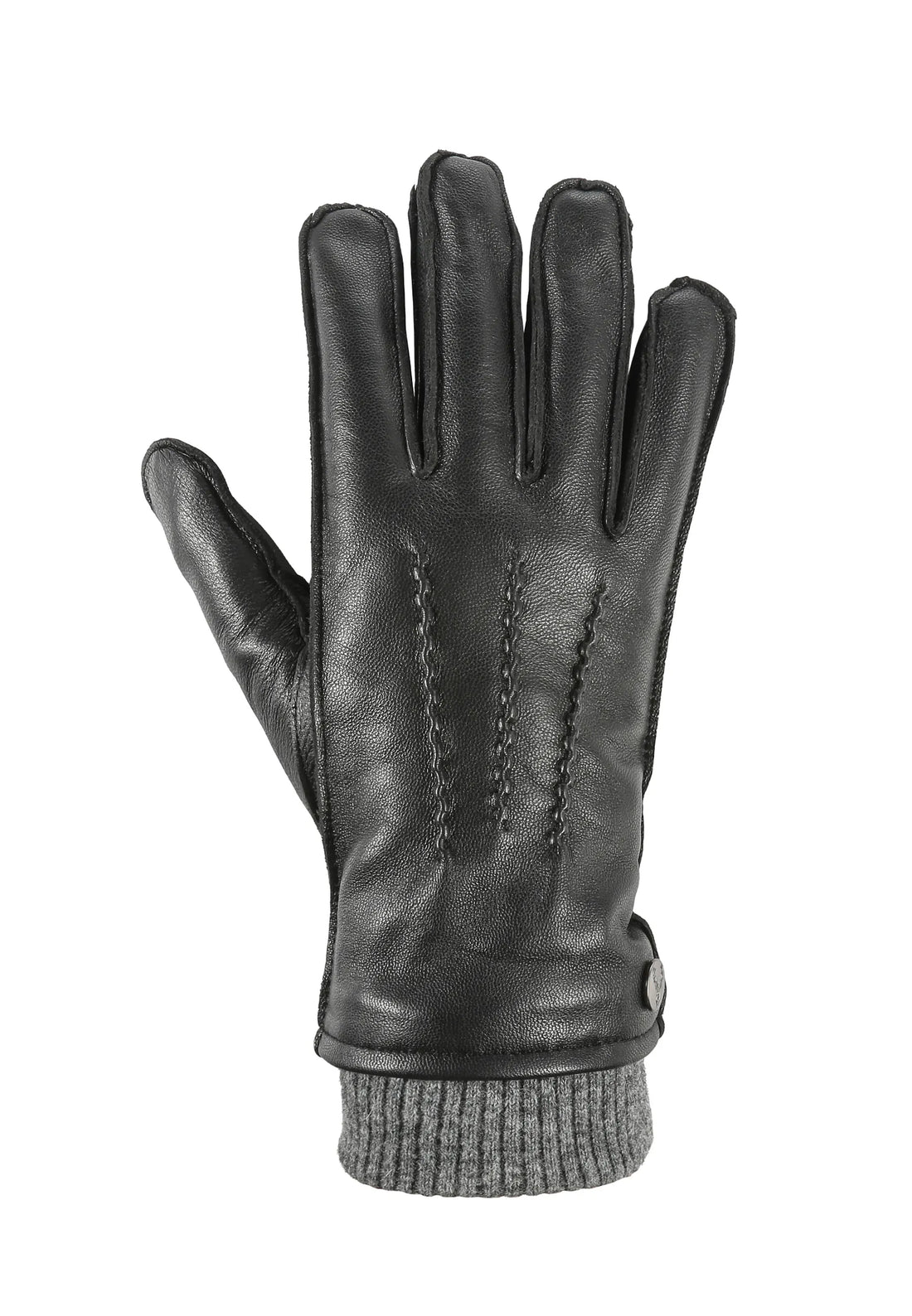 (Schwarz) Lederhandschuhe Herren mit Strickbund – Handrücken mit Ziernähten